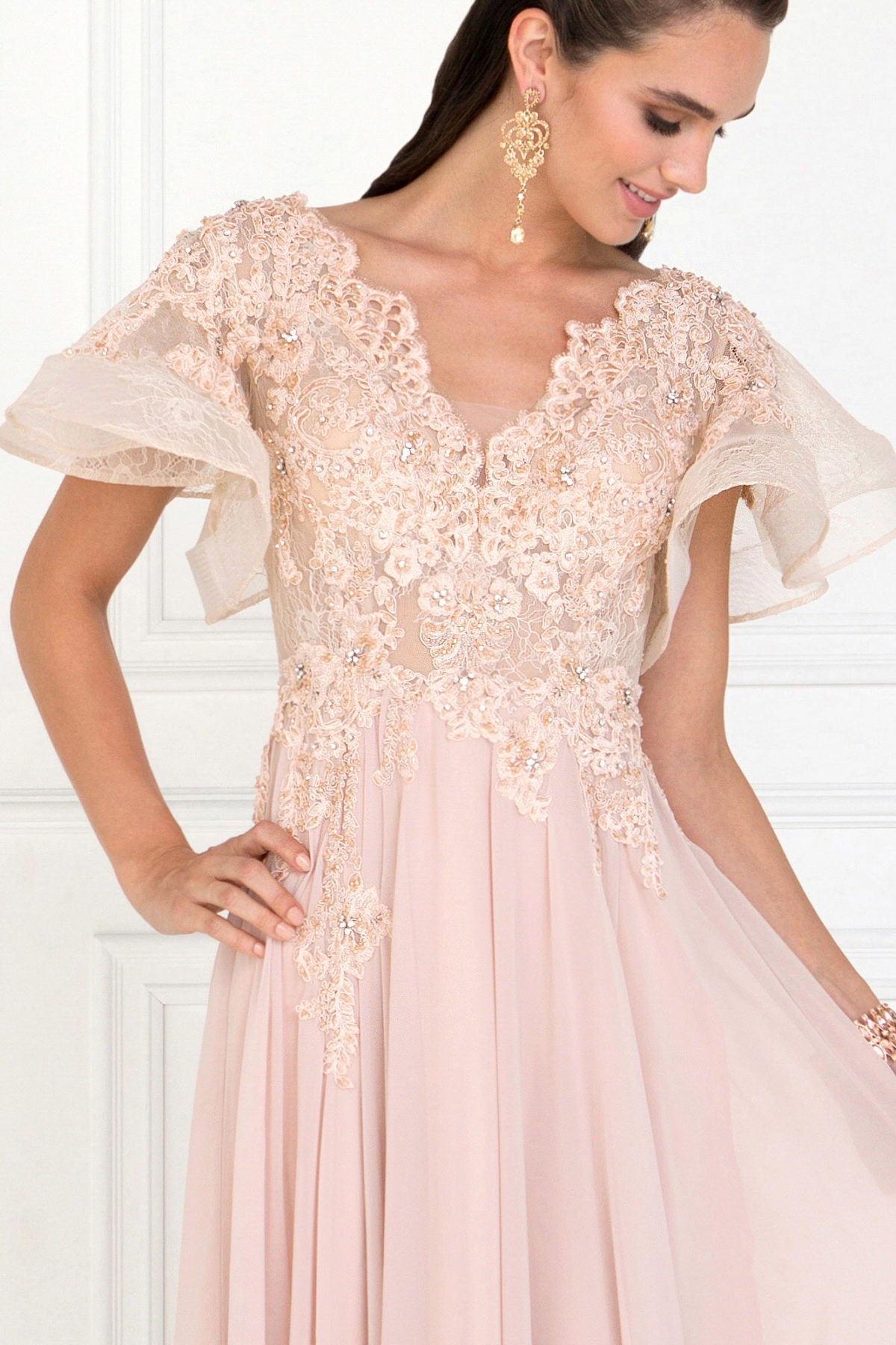 Chiffon Wide V-Neck A-Line Long Dress with Ruffled Short Sleeves - RoshelLuxe.com