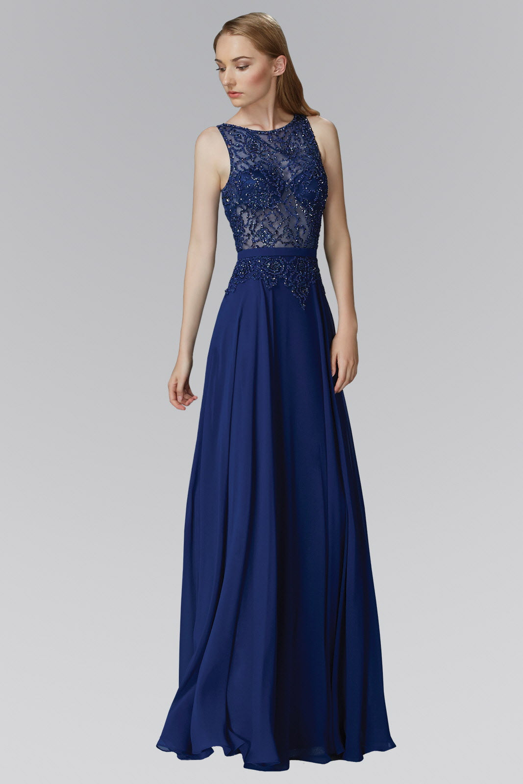 Floor Length Chiffon Long Dress with Bead Embellished Sheer Bodice - RoshelLuxe.com
