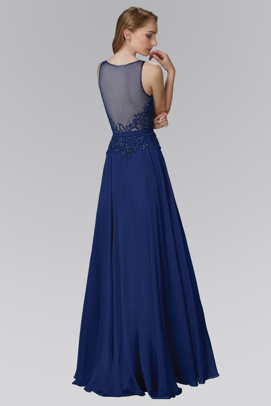 Floor Length Chiffon Long Dress with Bead Embellished Sheer Bodice - RoshelLuxe.com