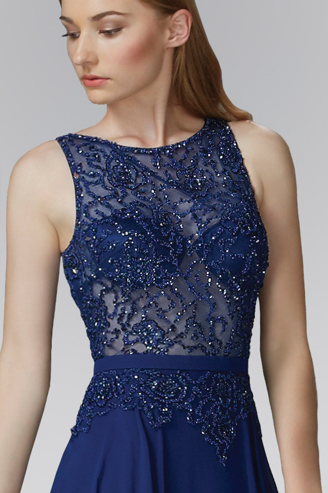 Floor Length Chiffon Long Dress with Bead Embellished Sheer Bodice - RoshelLuxe.com