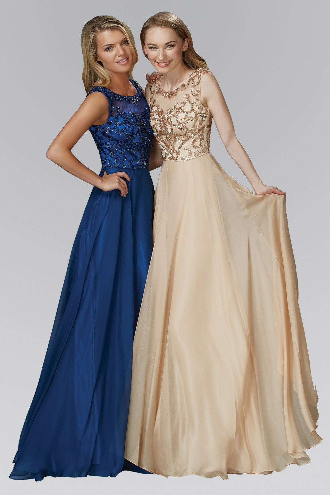Chiffon Long Dress with Beaded Bodice - RoshelLuxe.com