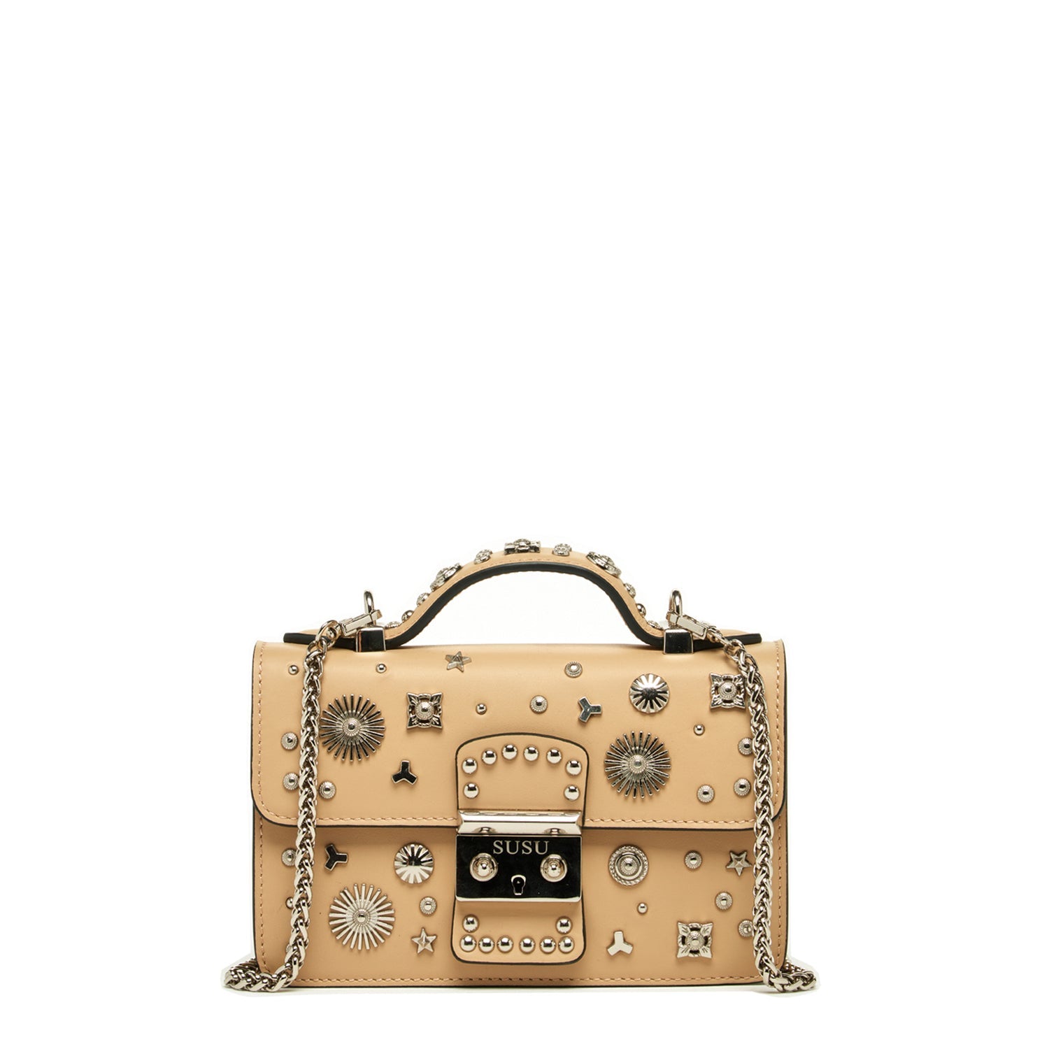 Small Leather Crossbody Bag Studded Dark Beige Tan Purse - RoshelLuxe.com