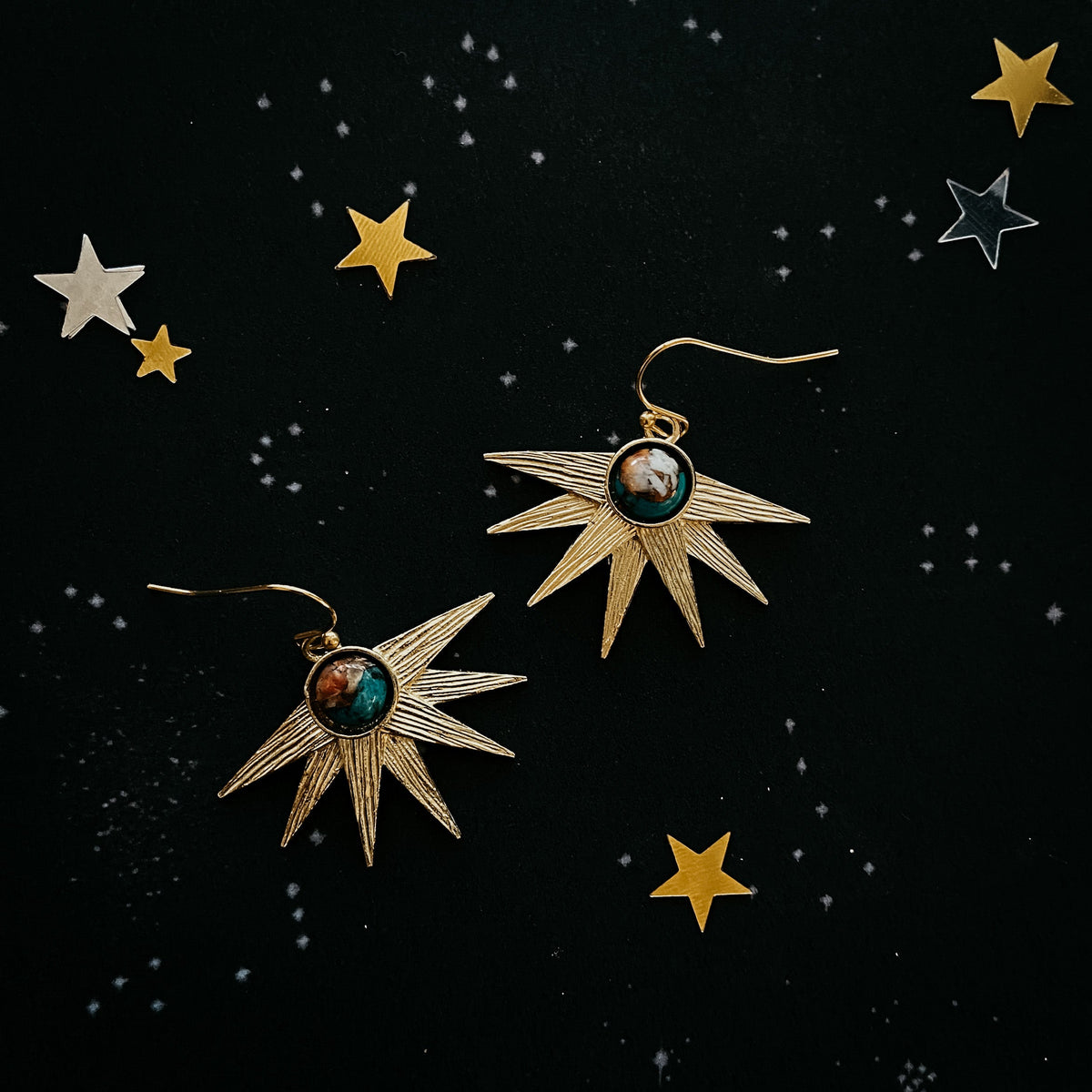 Sun Goddess Earrings with Copper Oyster Turquoise - RoshelLuxe.com