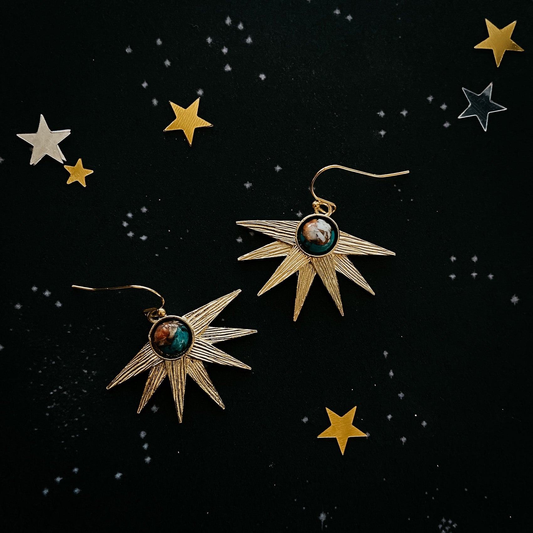 Sun Goddess Earrings with Copper Oyster Turquoise - RoshelLuxe.com