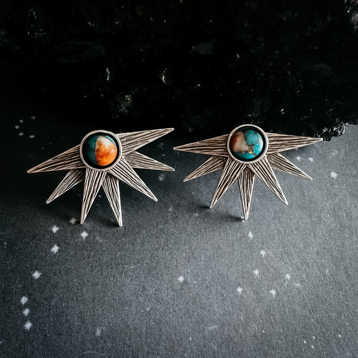Sun Goddess Earrings with Copper Oyster Turquoise - RoshelLuxe.com