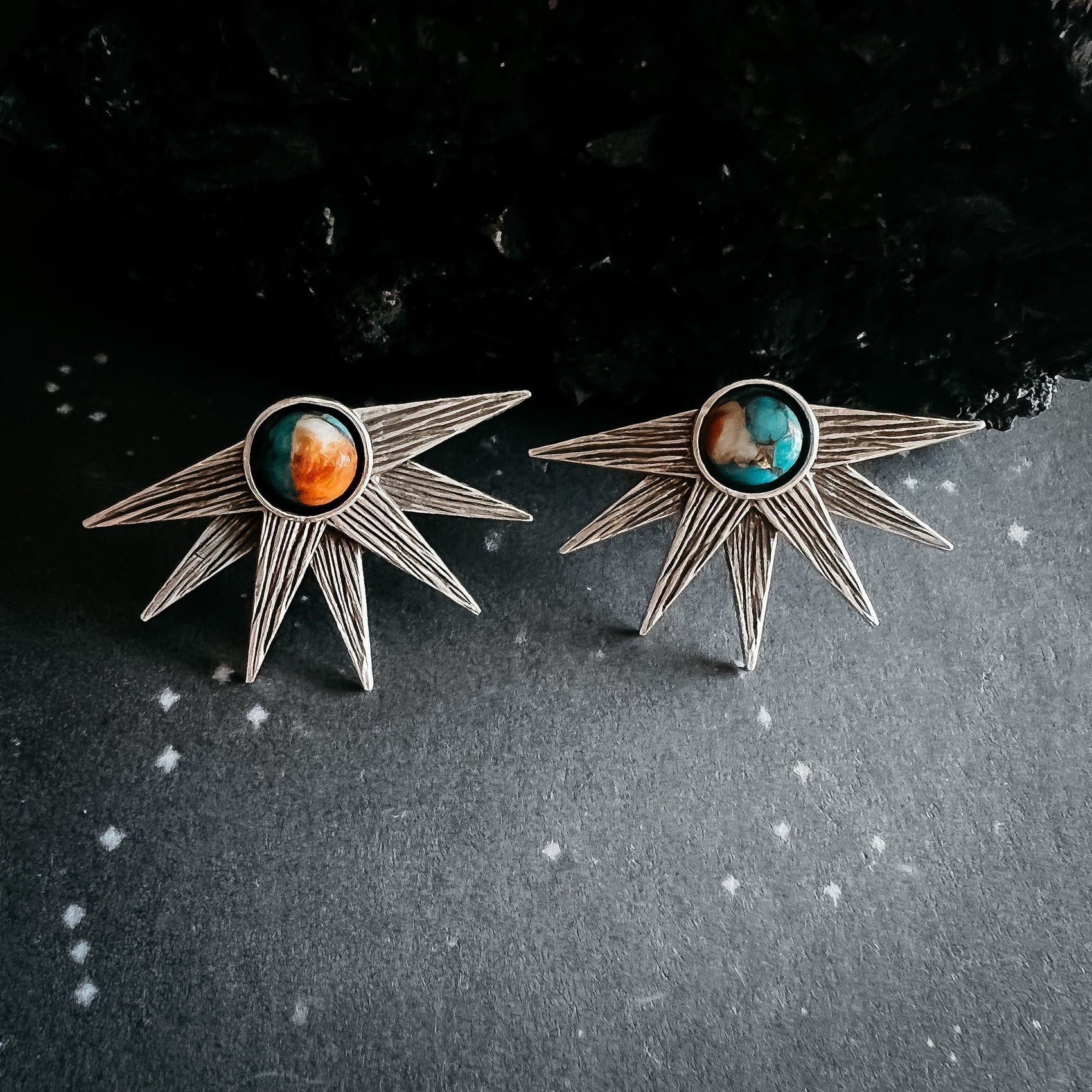Sun Goddess Earrings with Copper Oyster Turquoise - RoshelLuxe.com