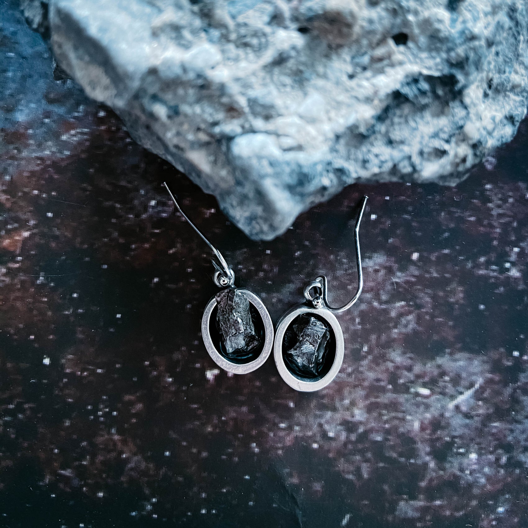 Oval Dangle Earrings with Raw Meteorite - RoshelLuxe.com