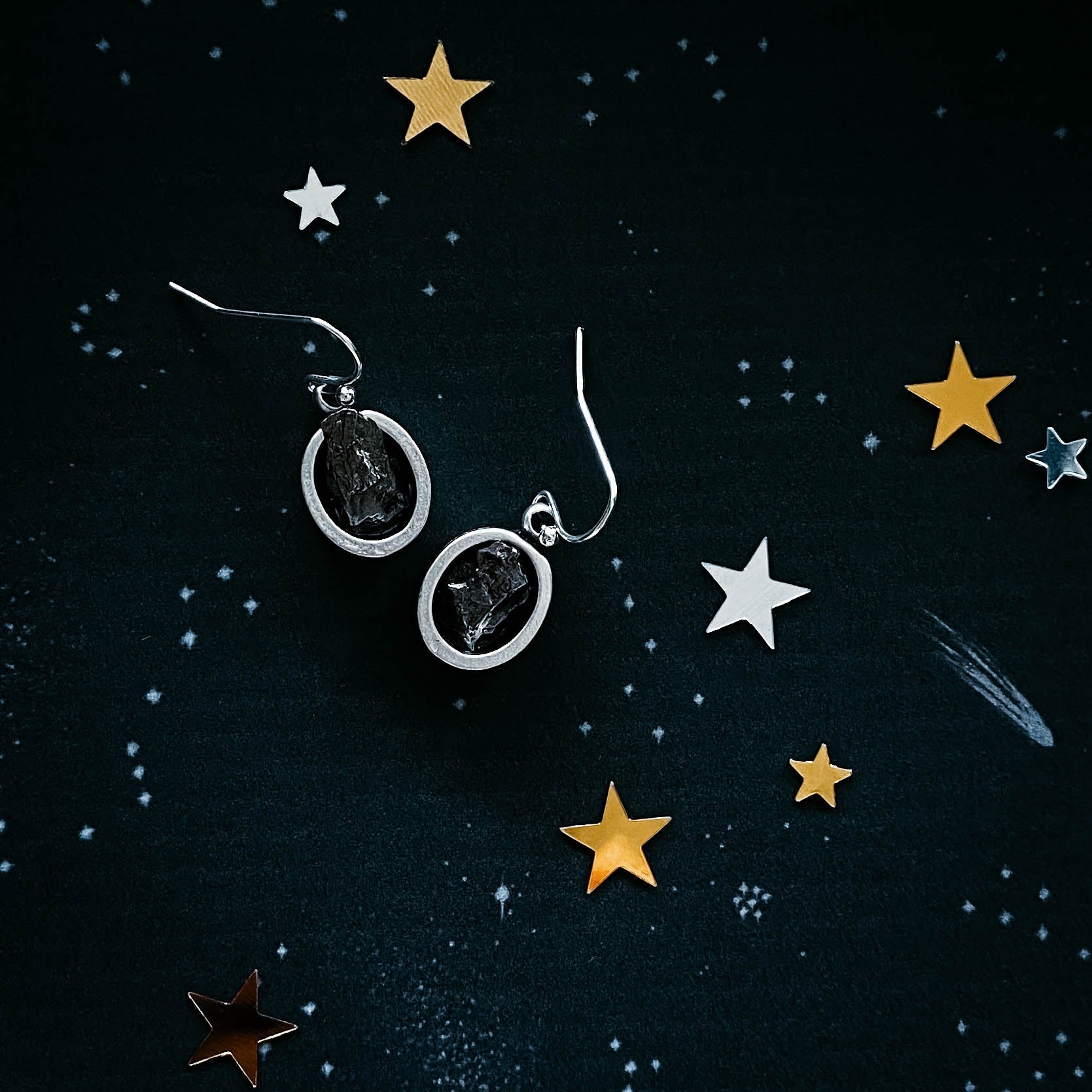 Oval Dangle Earrings with Raw Meteorite - RoshelLuxe.com