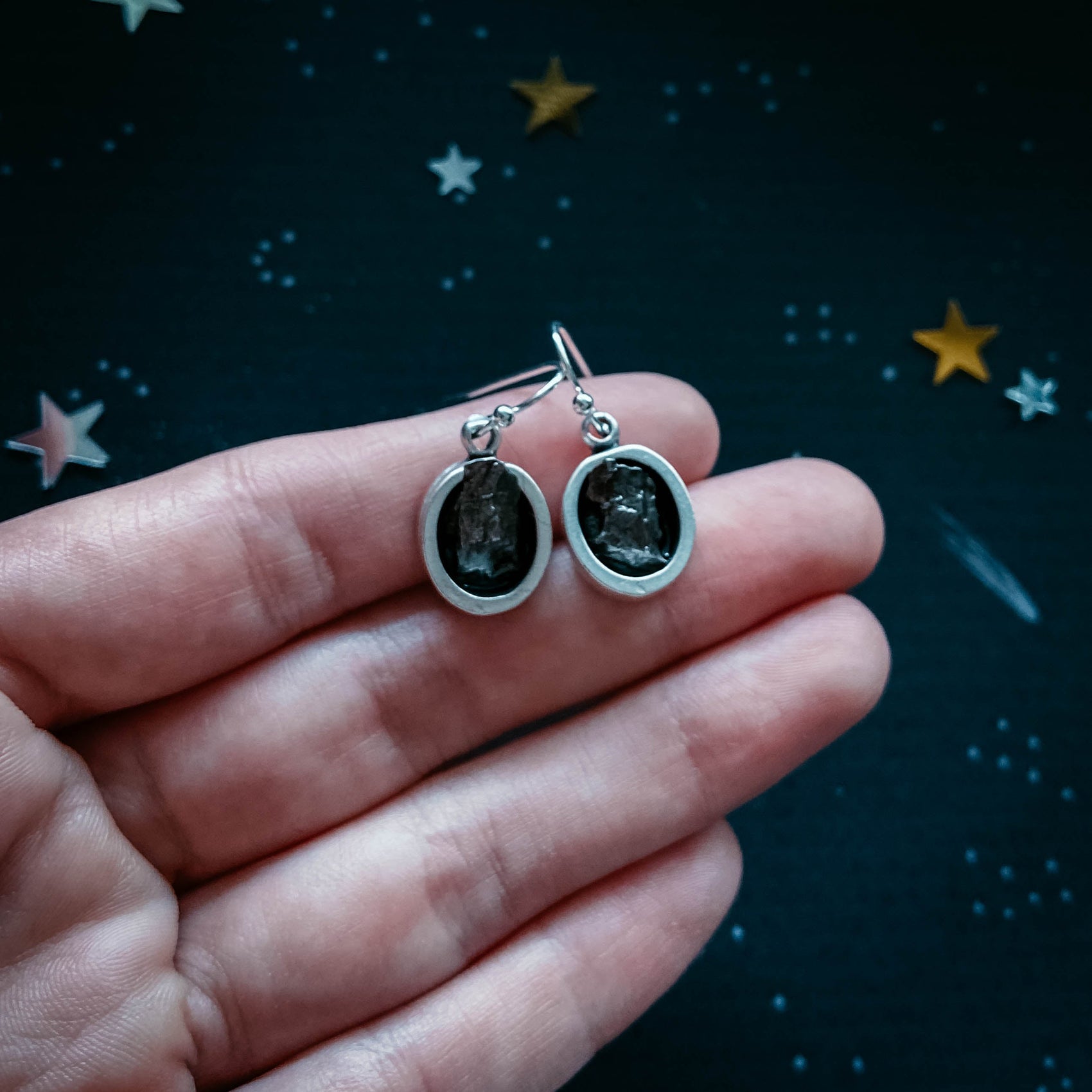 Oval Dangle Earrings with Raw Meteorite - RoshelLuxe.com