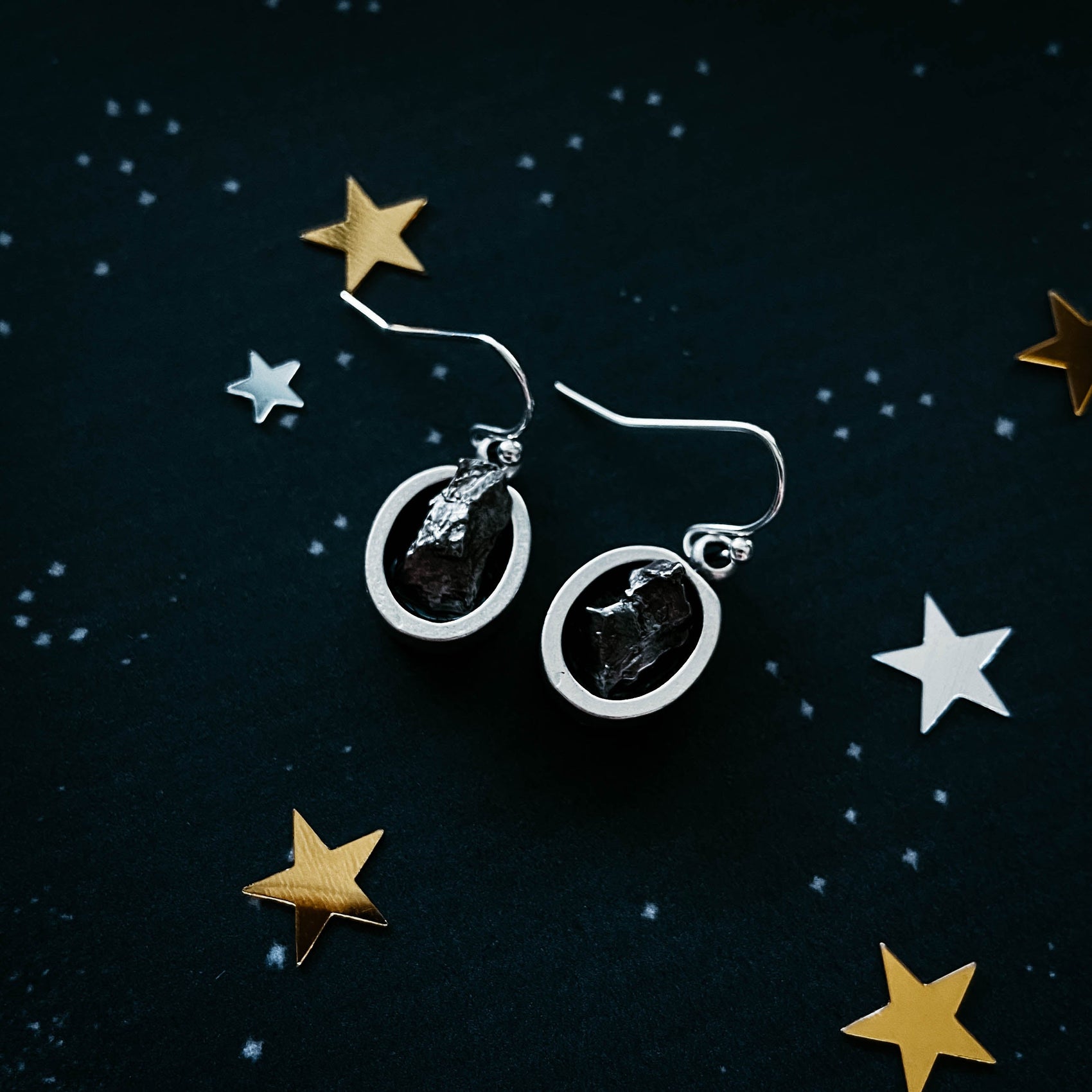 Oval Dangle Earrings with Raw Meteorite - RoshelLuxe.com