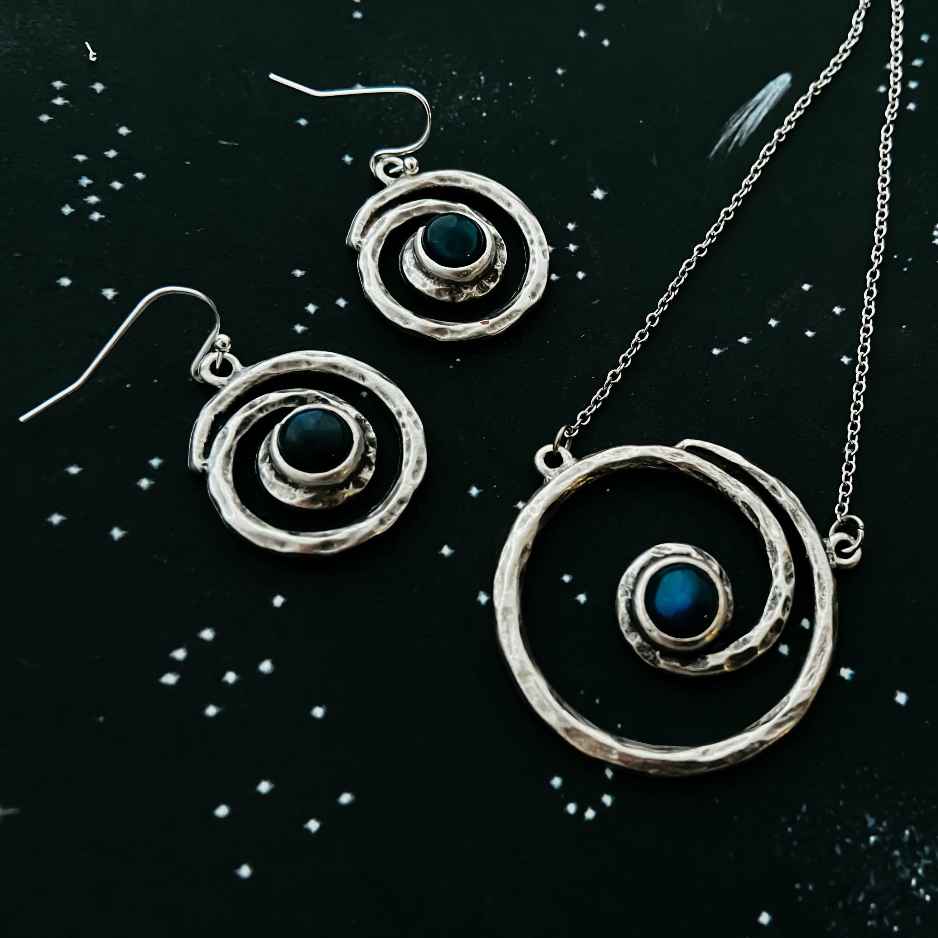 Milky Way Jewelry Set - Spiral Silver Necklace and Earrings with Labradorite
