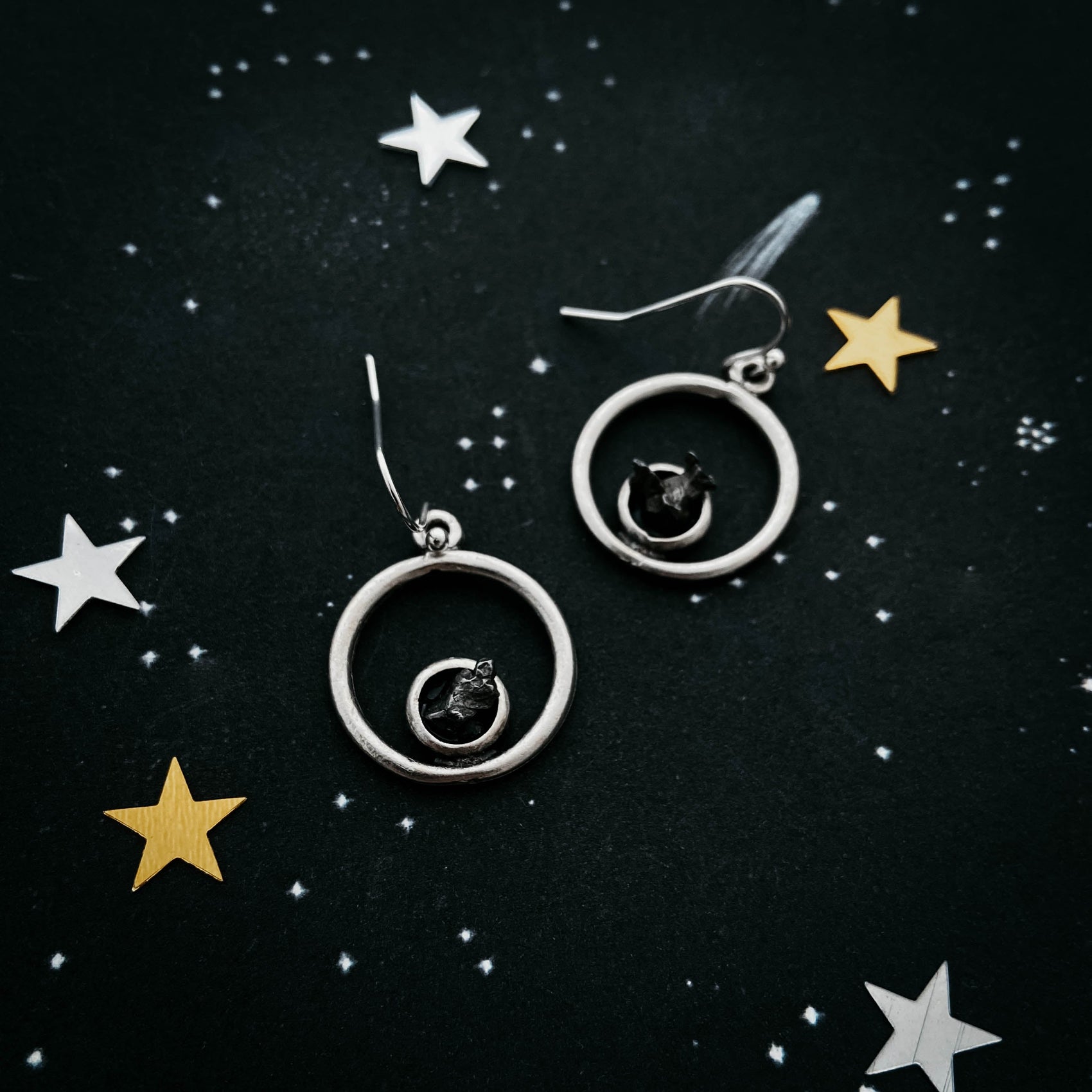 Circle Silver Earrings with Raw Meteorite - RoshelLuxe.com