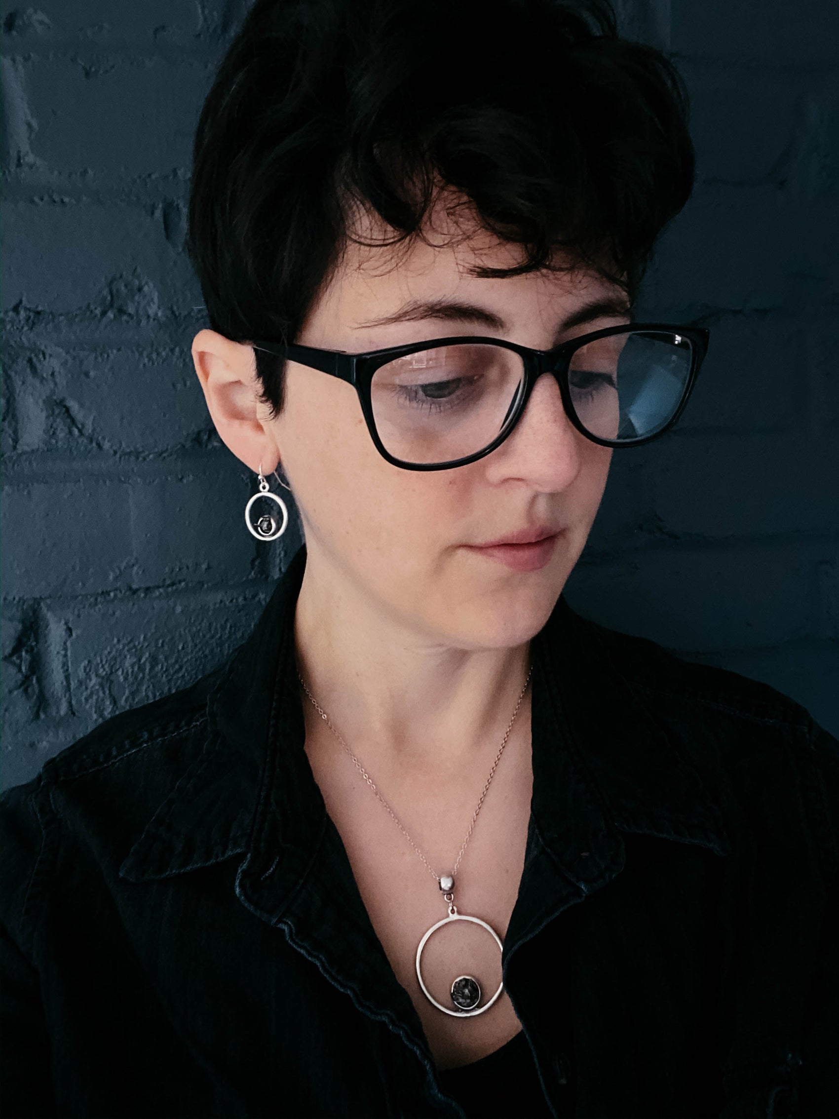 Circle Silver Earrings with Raw Meteorite - RoshelLuxe.com