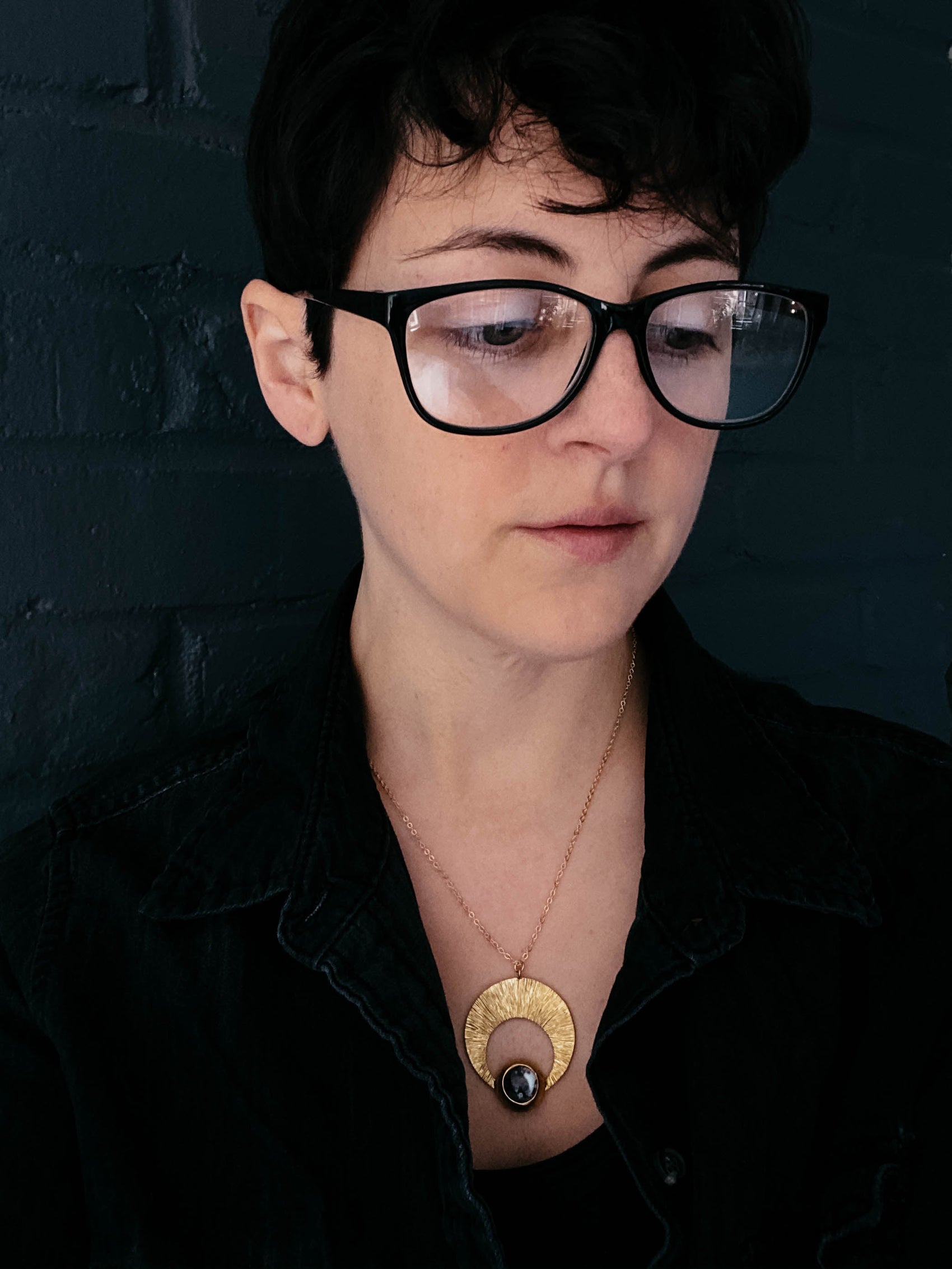 Crescent Moon Pendant with Dendritic Agate - RoshelLuxe.com
