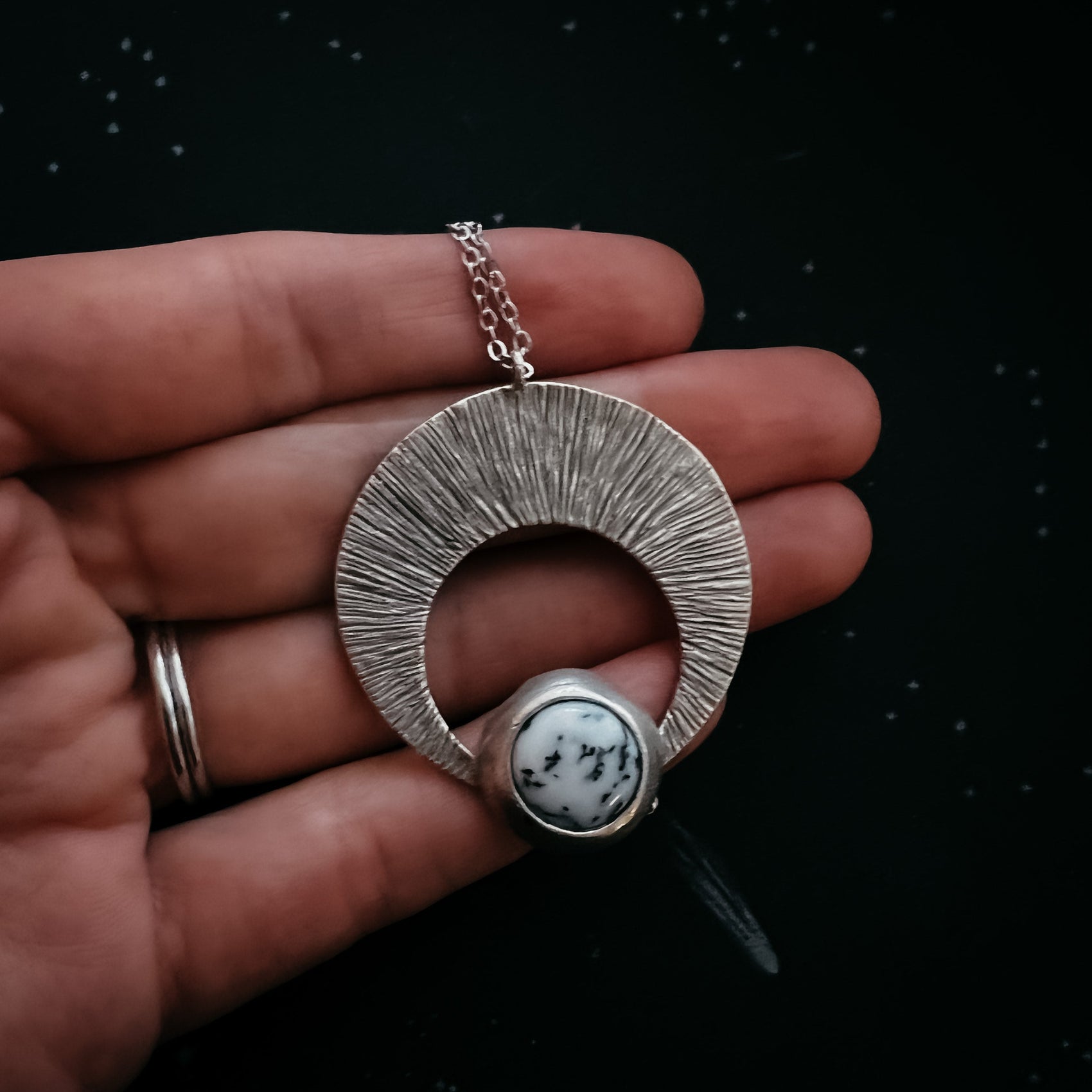 Crescent Moon Pendant with Dendritic Agate - RoshelLuxe.com