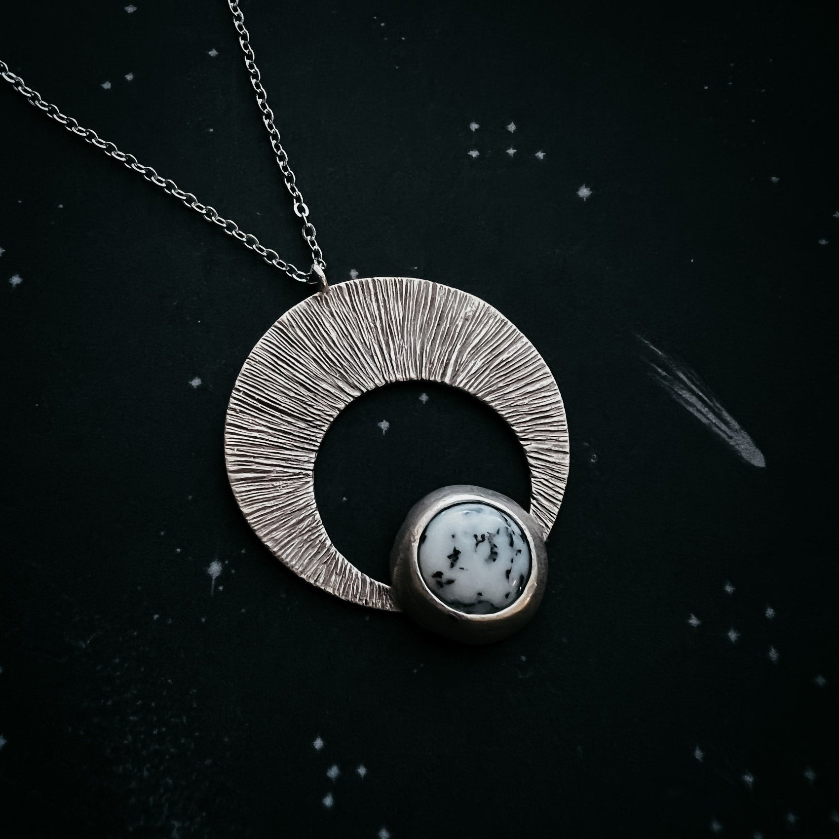 Crescent Moon Pendant with Dendritic Agate - RoshelLuxe.com