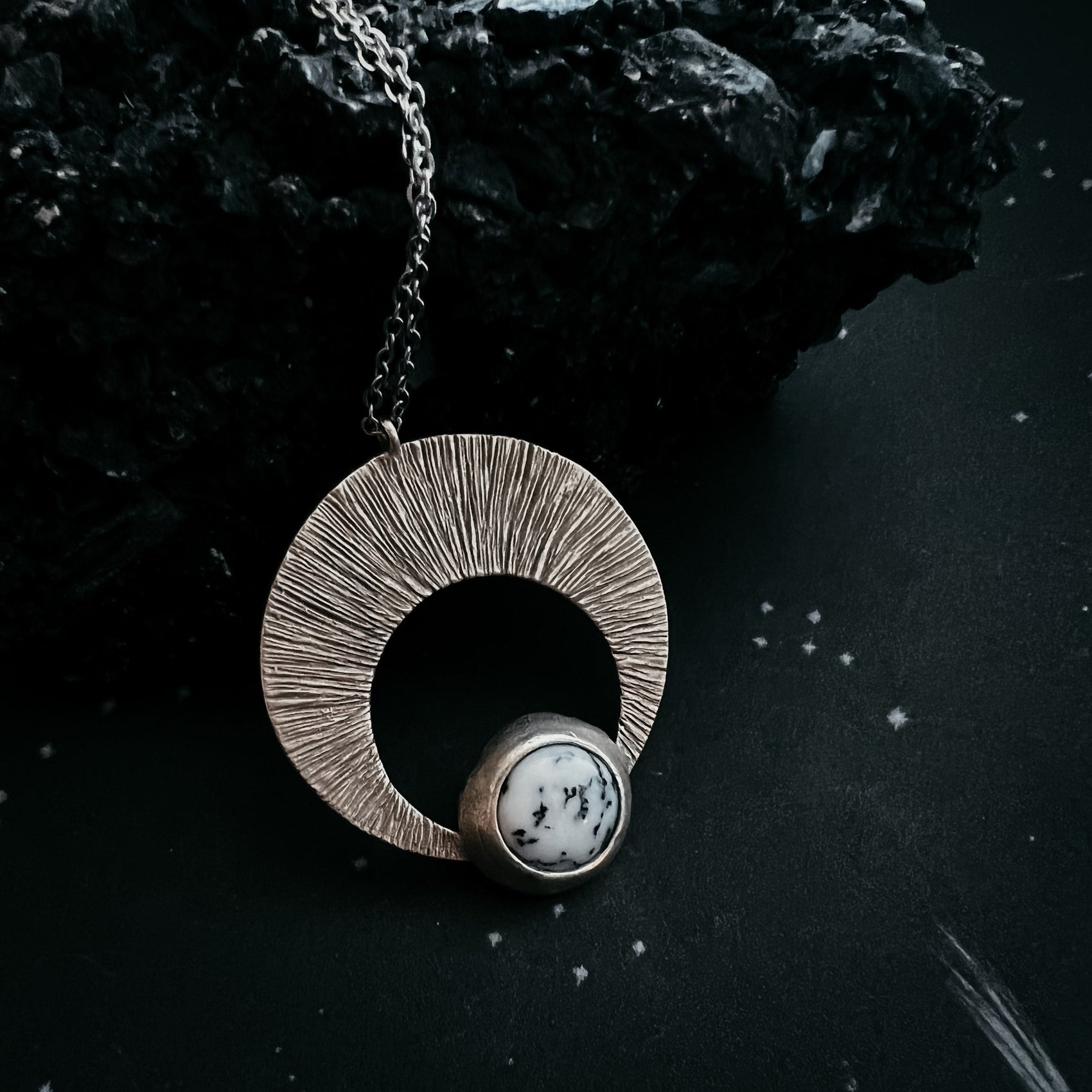 Crescent Moon Pendant with Dendritic Agate - RoshelLuxe.com