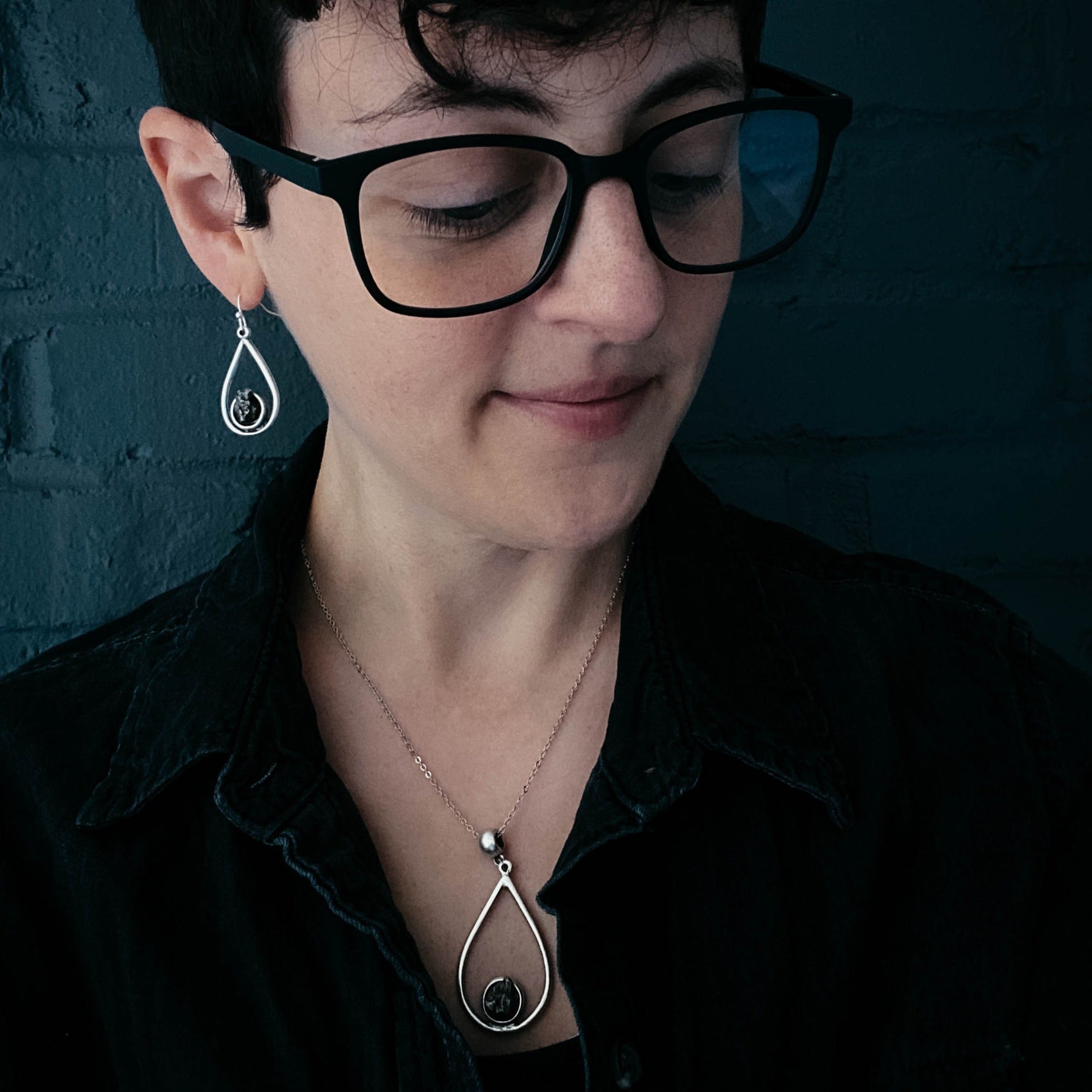 Pear shaped teardrop meteorite stud earrings for women - RoshelLuxe.com