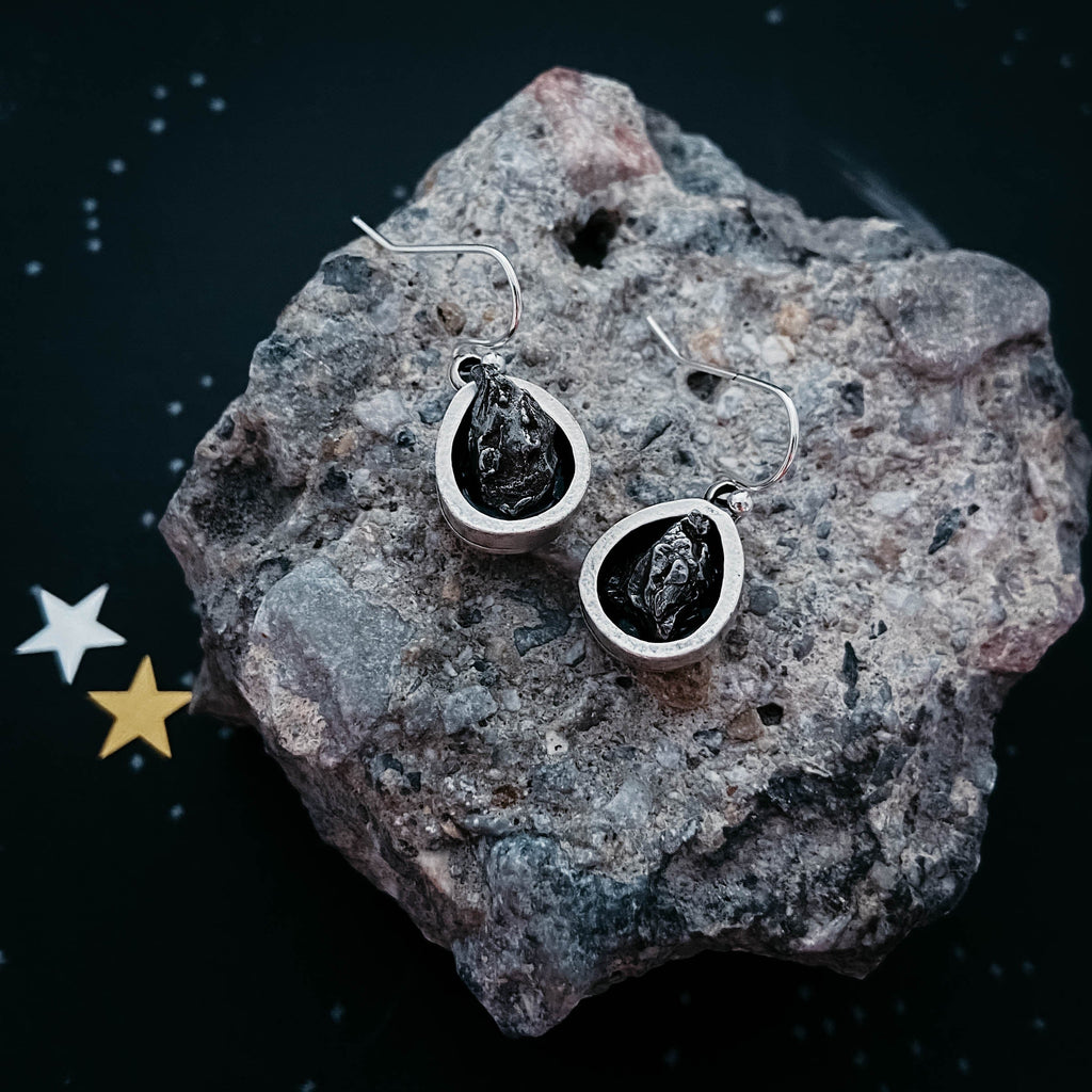 Pear Shaped Teardrop Meteorite Dangle Earrings