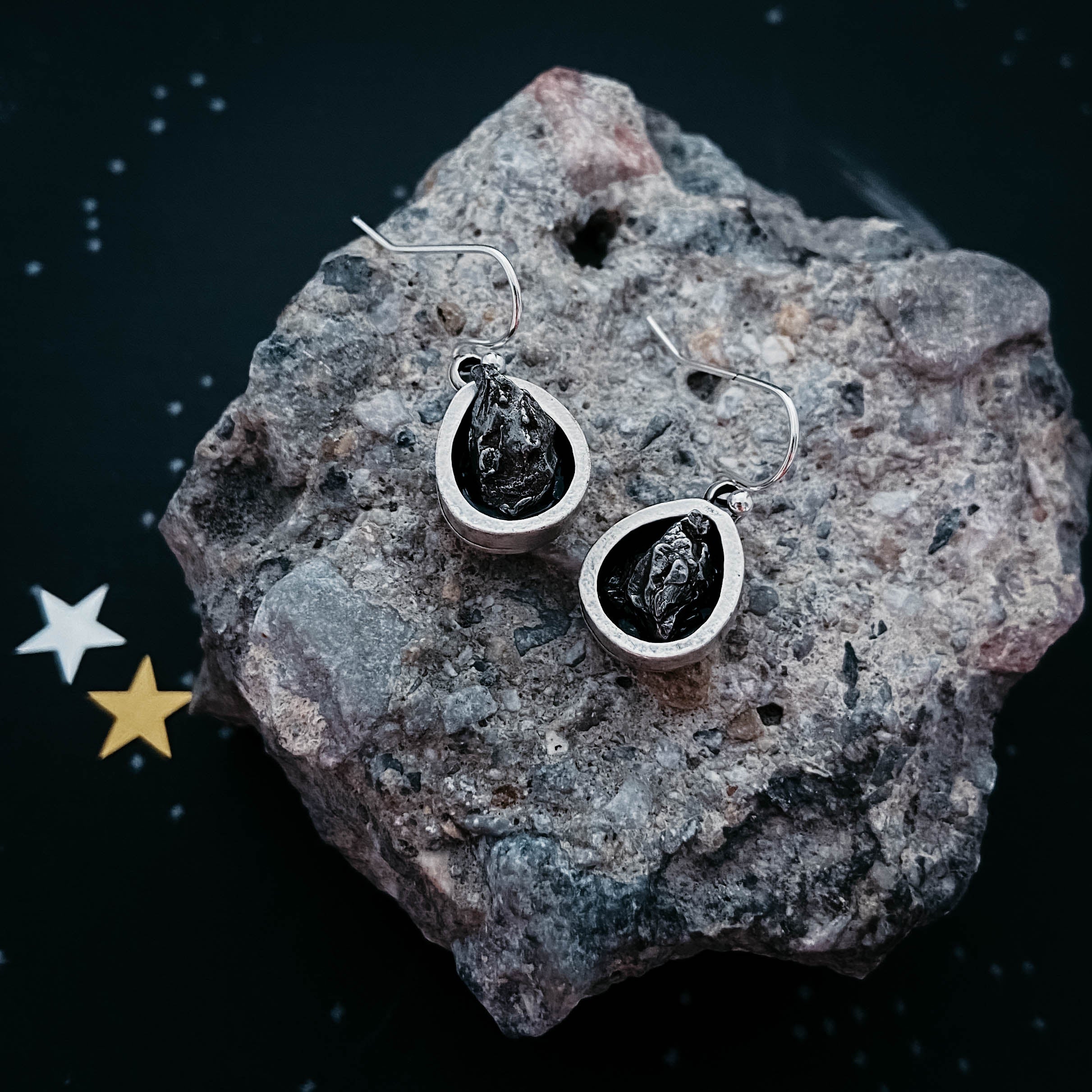 Pear Shaped Teardrop Meteorite Dangle Earrings