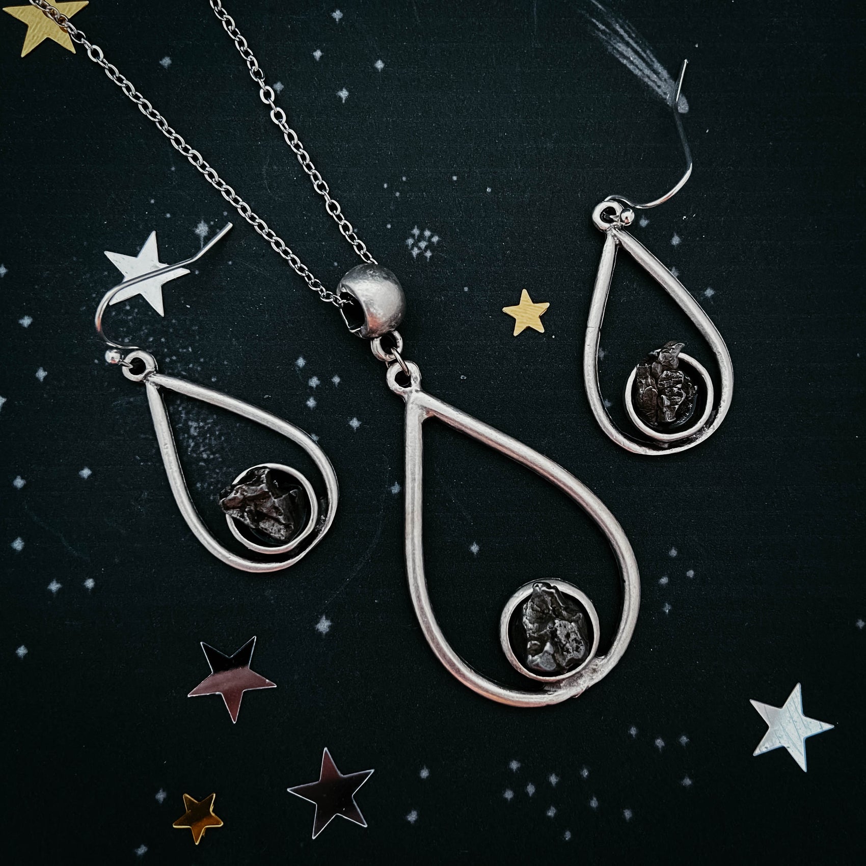 Meteorite Jewelry Set - Teardrop Necklace and Earrings - RoshelLuxe.com