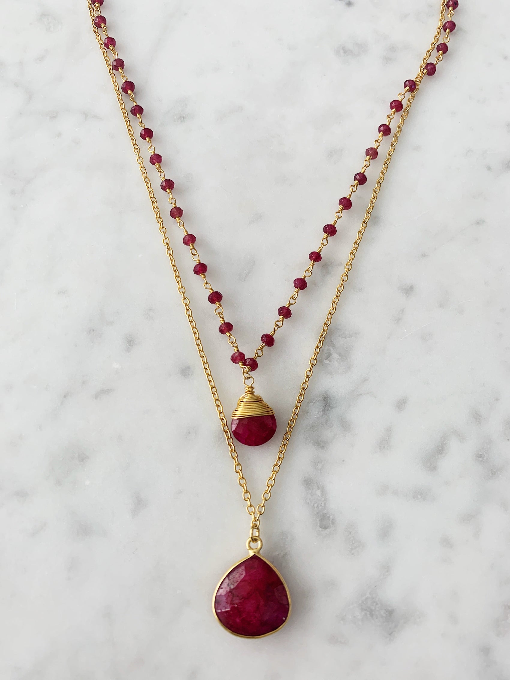 Double Jill Ruby Necklace with gold ruby chain and ruby pendant for elegant women’s luxury jewelry. - RoshelLuxe.com