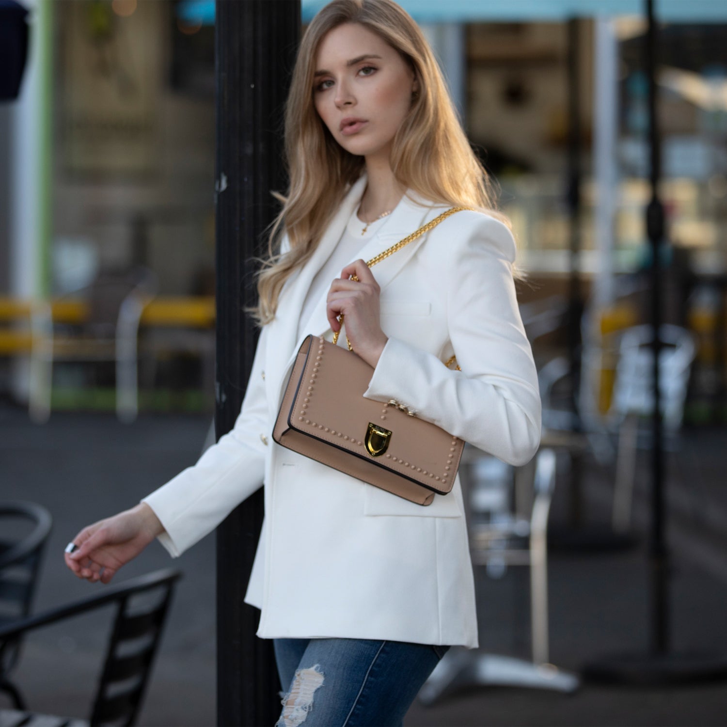 Leather Chain Shoulder Bag Tan - RoshelLuxe.com