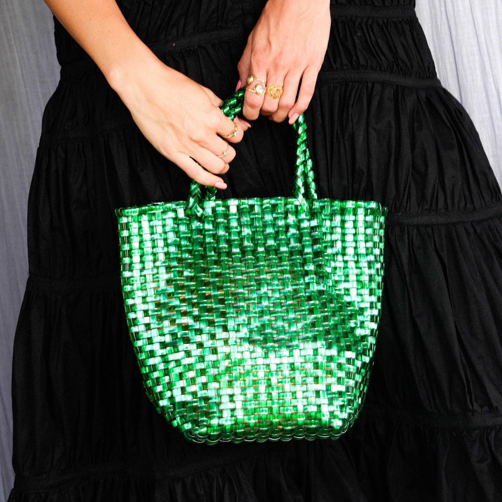 LA TOTE Recycled Tote Bag In Metallic Green - RoshelLuxe.com