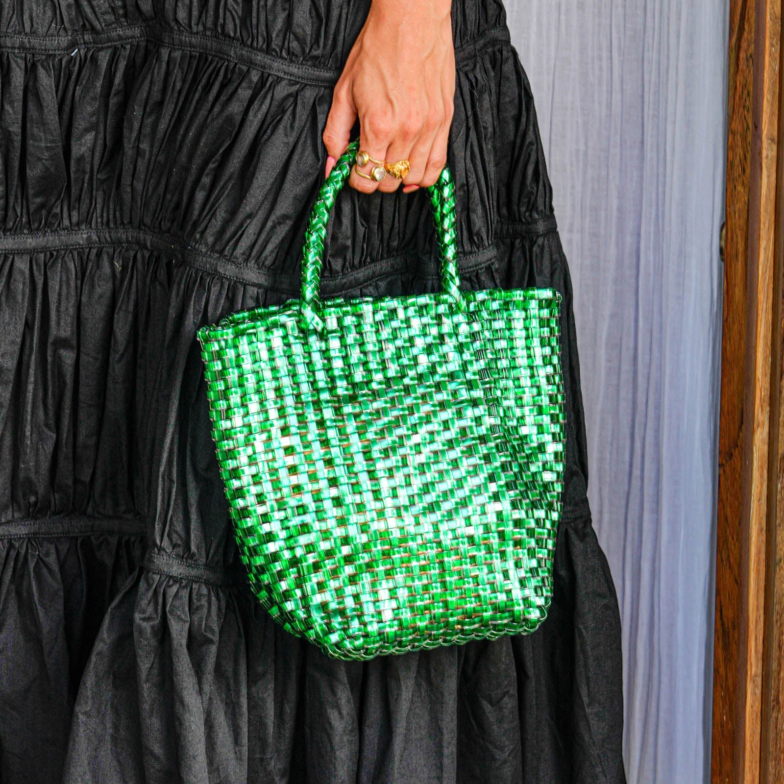 LA TOTE Recycled Tote Bag In Metallic Green - RoshelLuxe.com