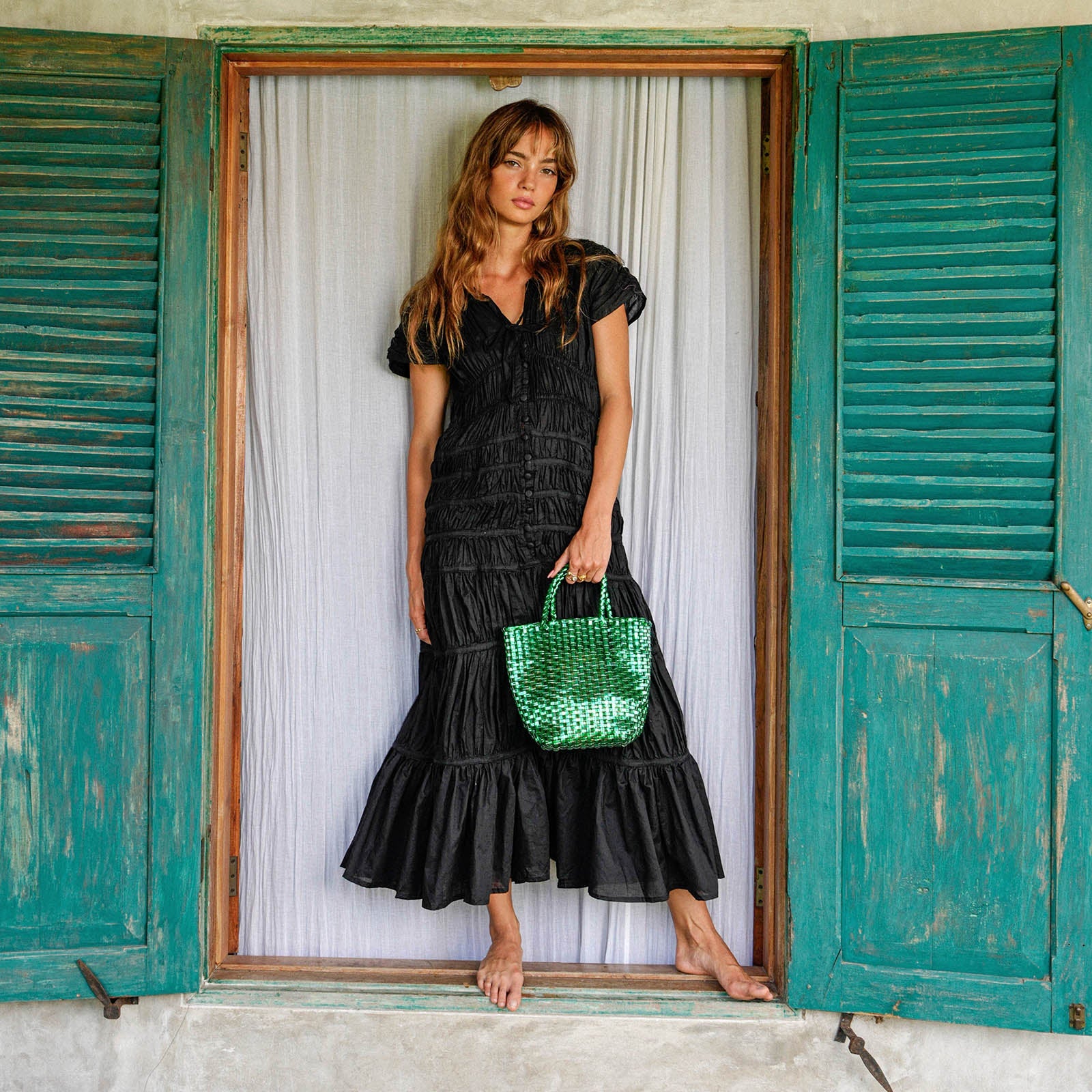 LA TOTE Recycled Tote Bag In Metallic Green - RoshelLuxe.com