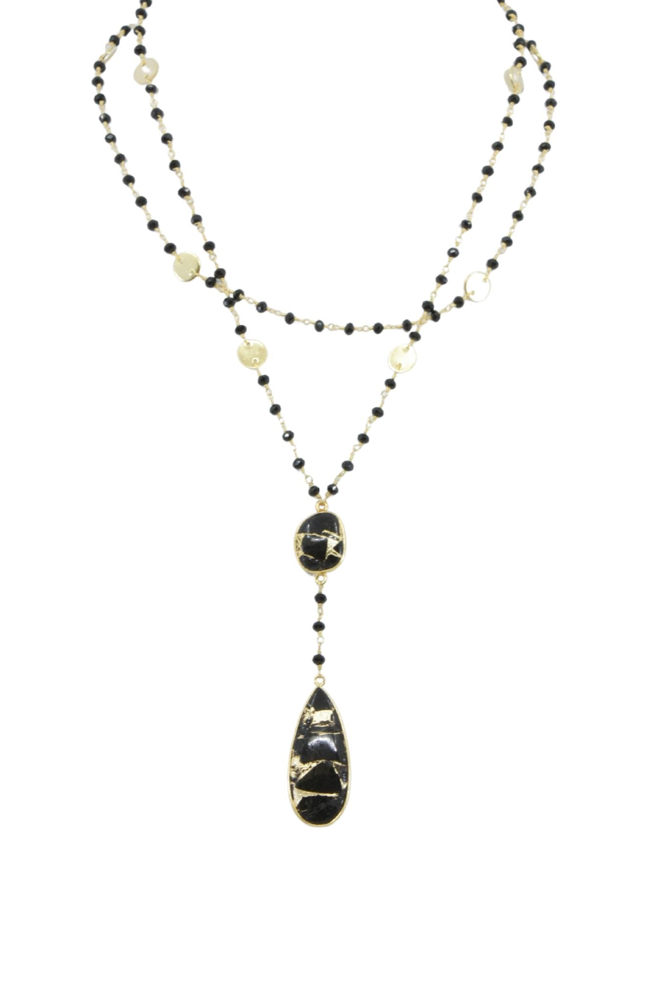 Double Diana Denmark Black Onyx Necklace with Black Mojave Copper Turquoise pendant for elegant women’s fashion jewelry. - RoshelLuxe.com