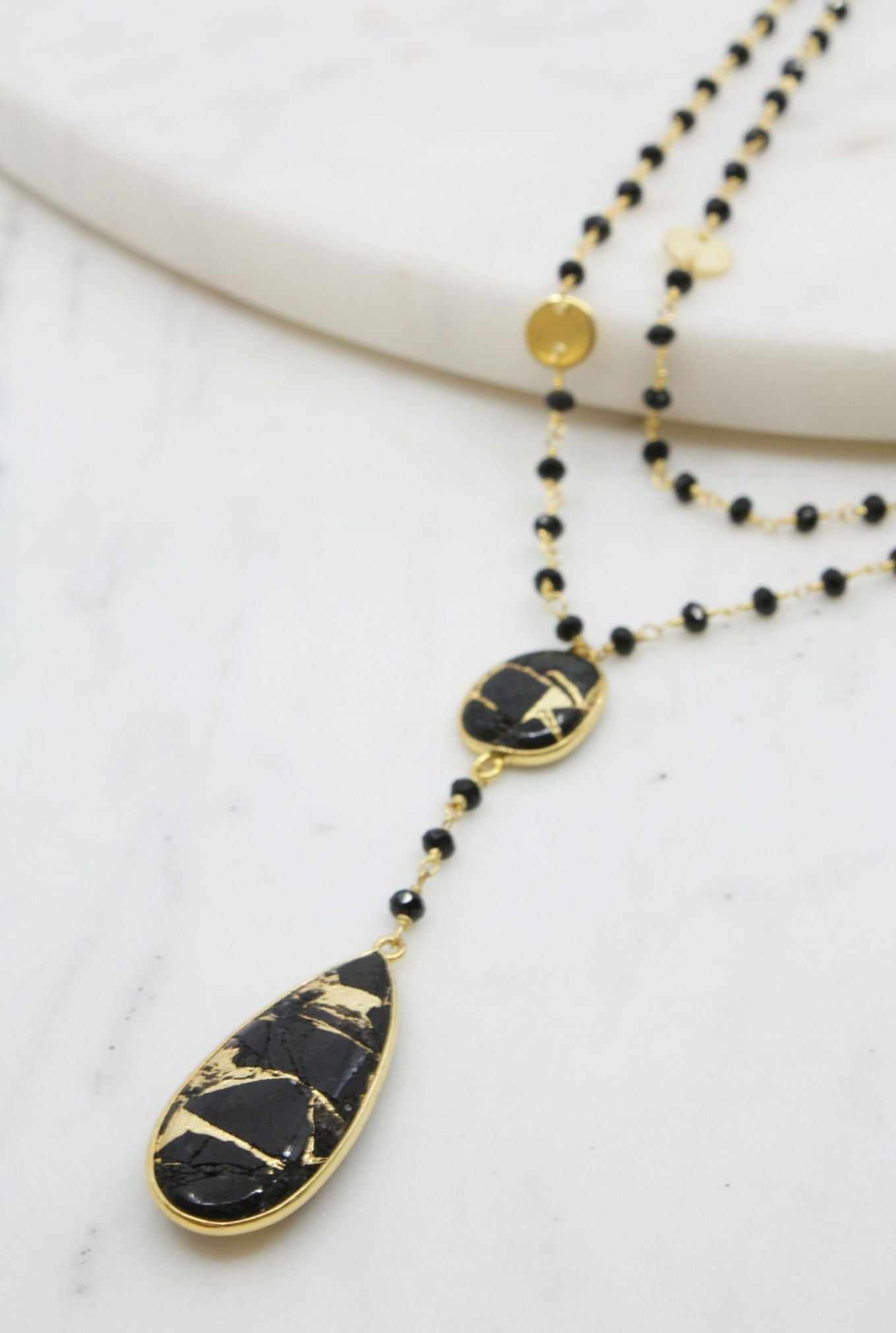 Double Diana Denmark Black Onyx Necklace with Black Mojave Copper Turquoise pendant for elegant women’s fashion jewelry. - RoshelLuxe.com