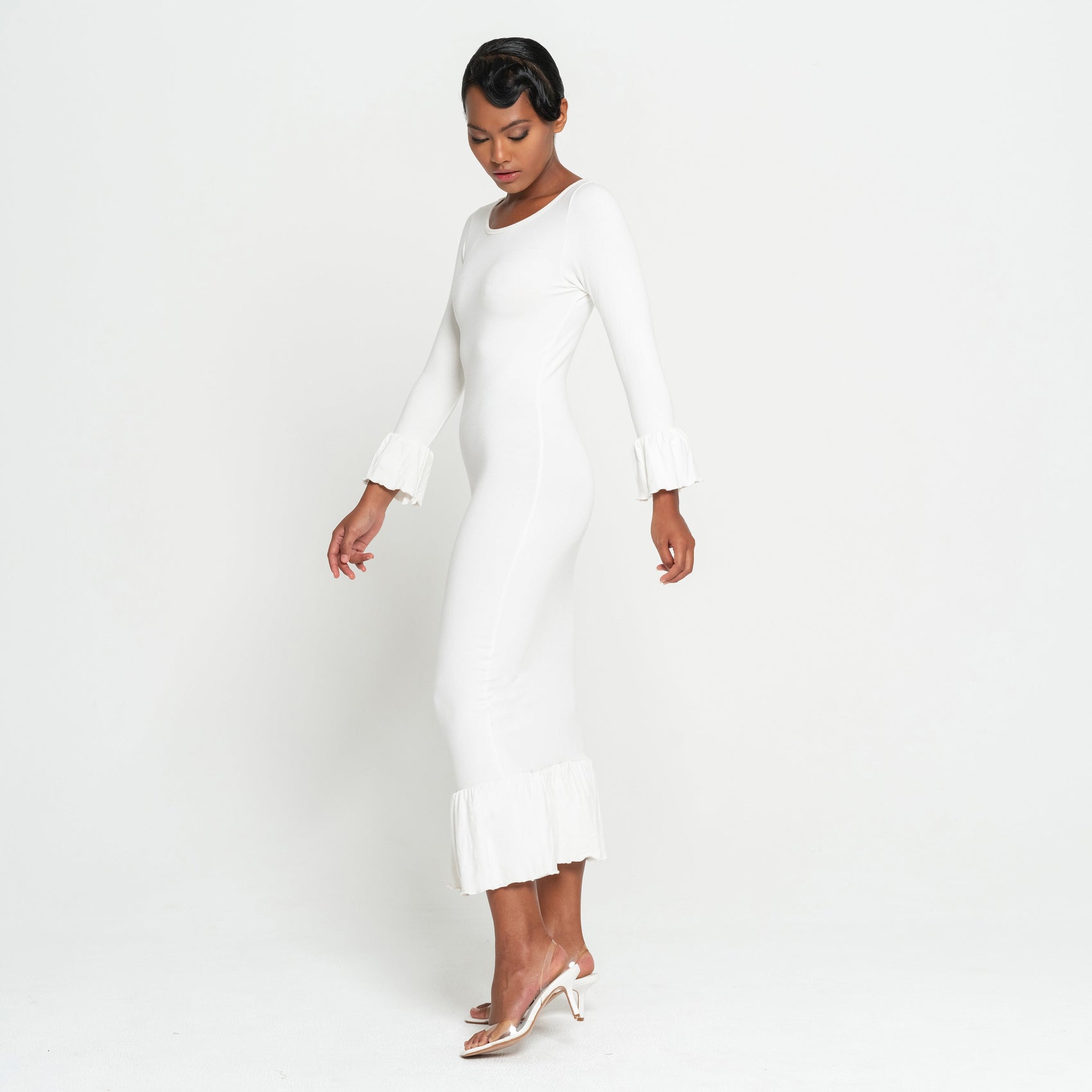 MARJORIE Bamboo Ruffle Dress In Off-white - RoshelLuxe.com