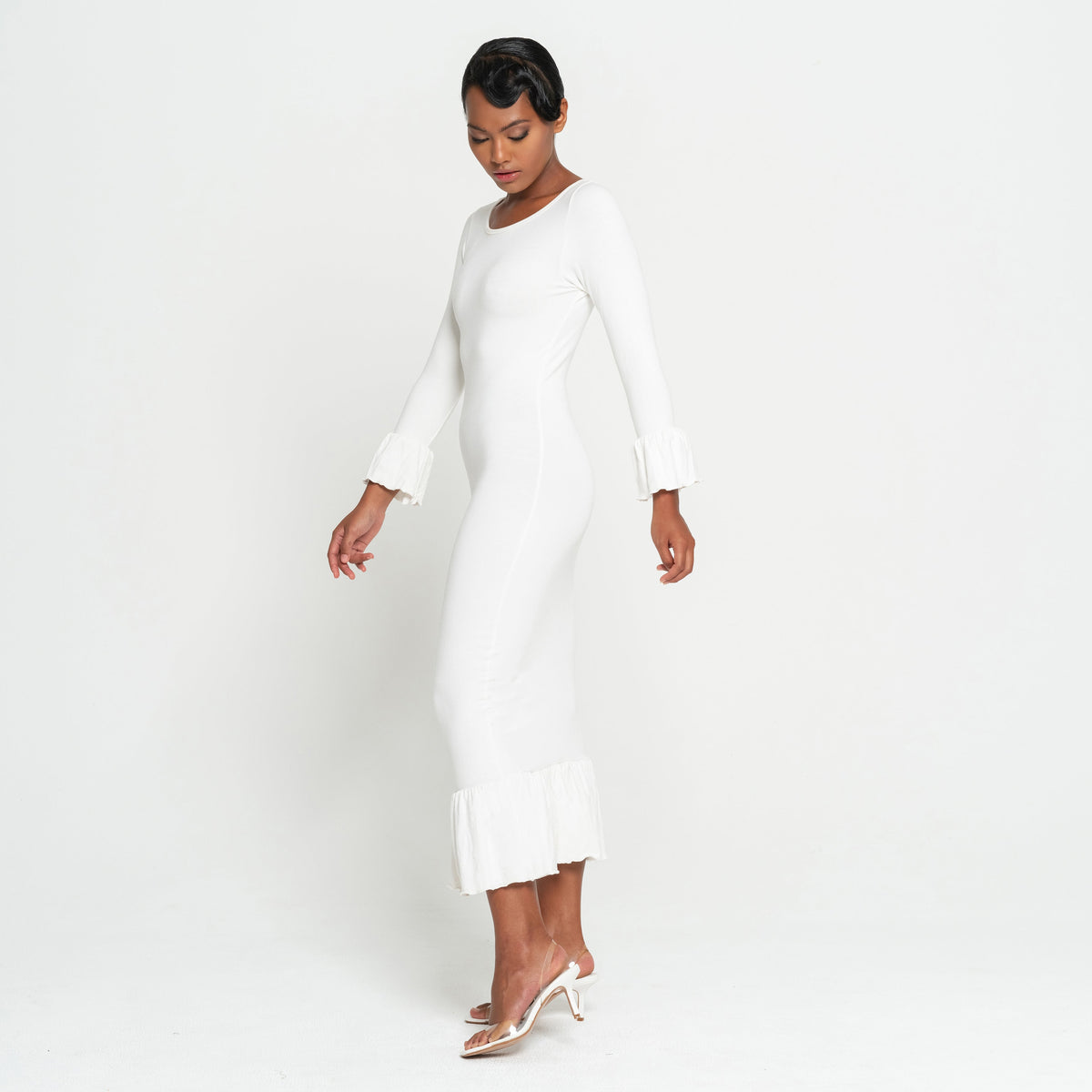 MARJORIE Bamboo Ruffle Dress In Off-white - RoshelLuxe.com