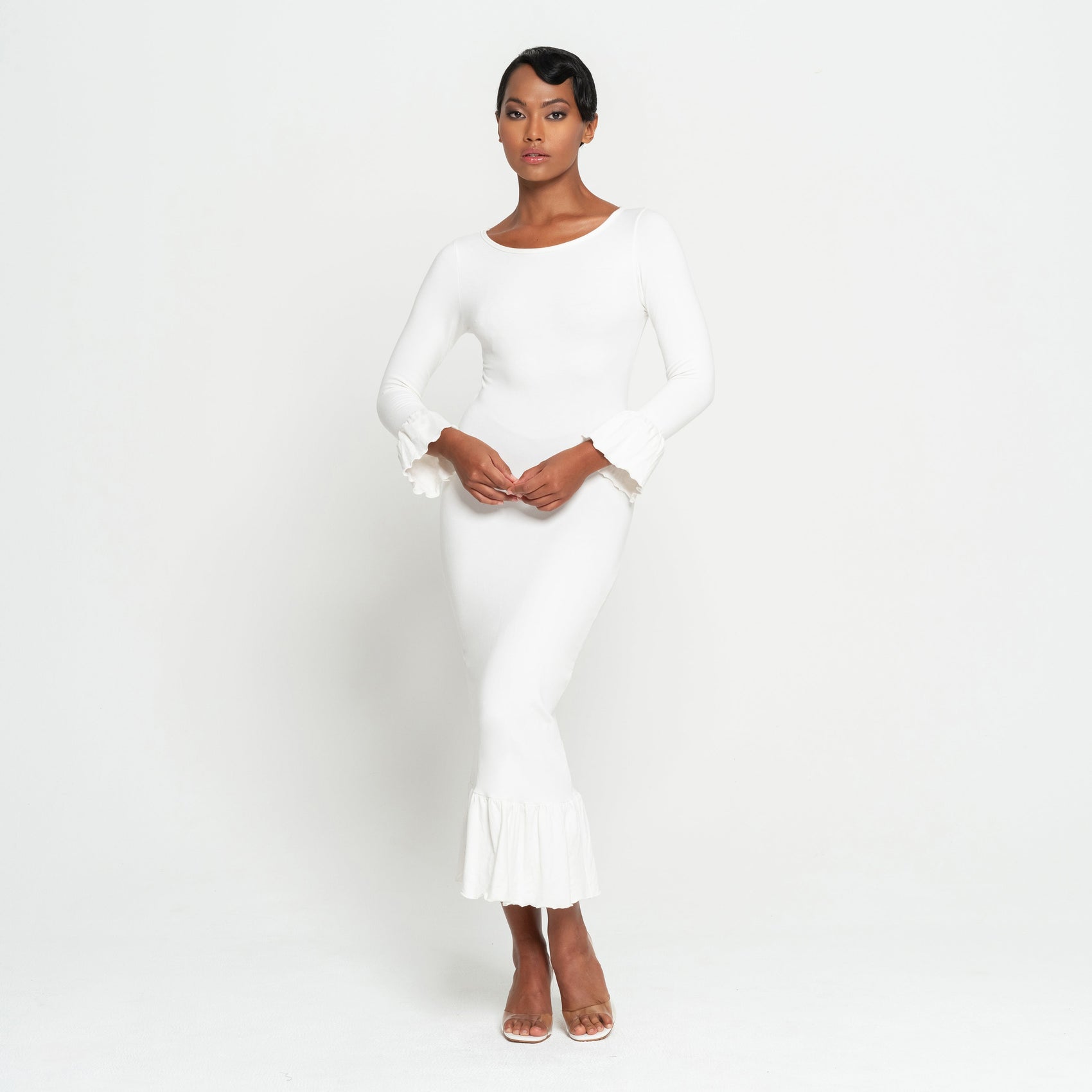 MARJORIE Bamboo Ruffle Dress In Off-white - RoshelLuxe.com
