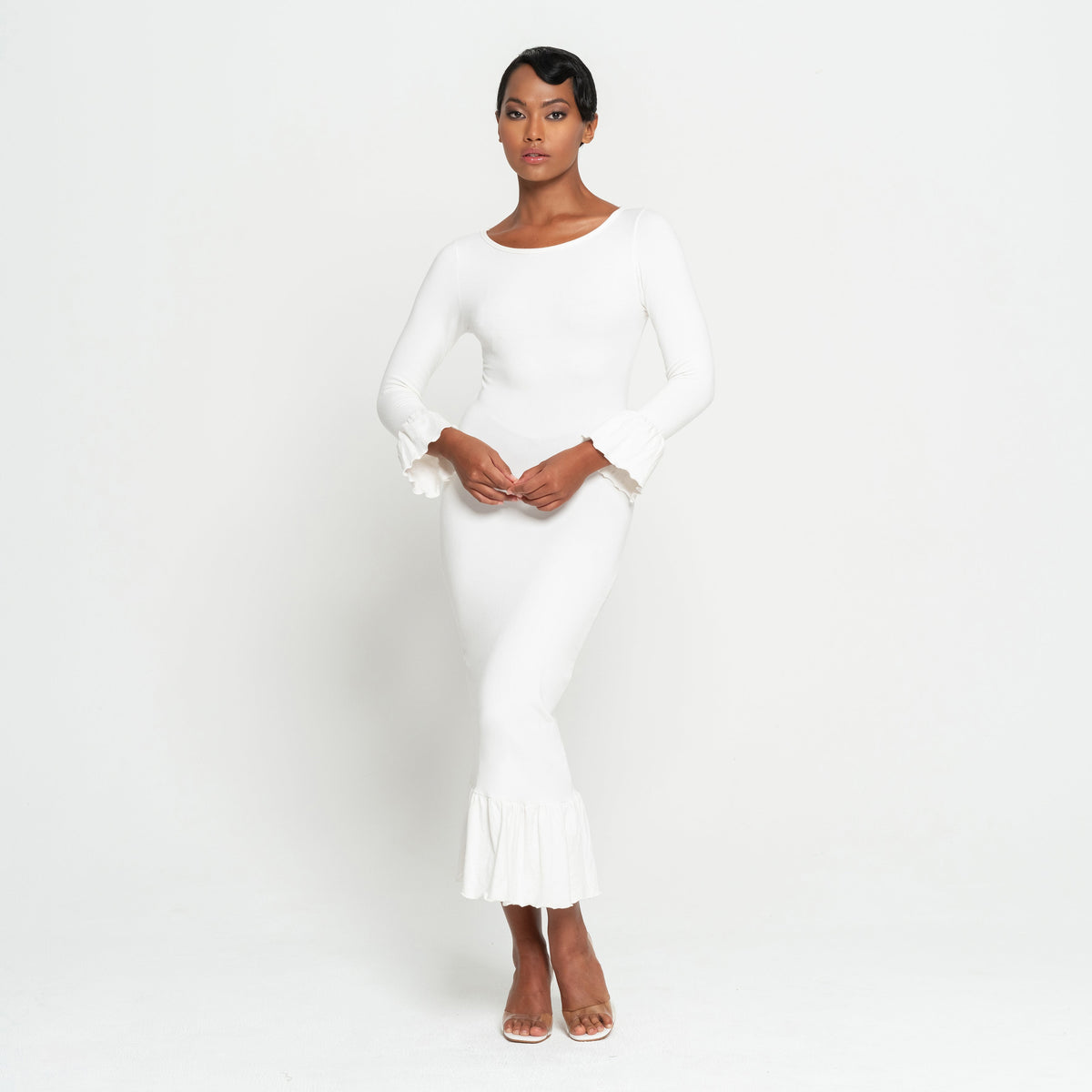 MARJORIE Bamboo Ruffle Dress In Off-white - RoshelLuxe.com
