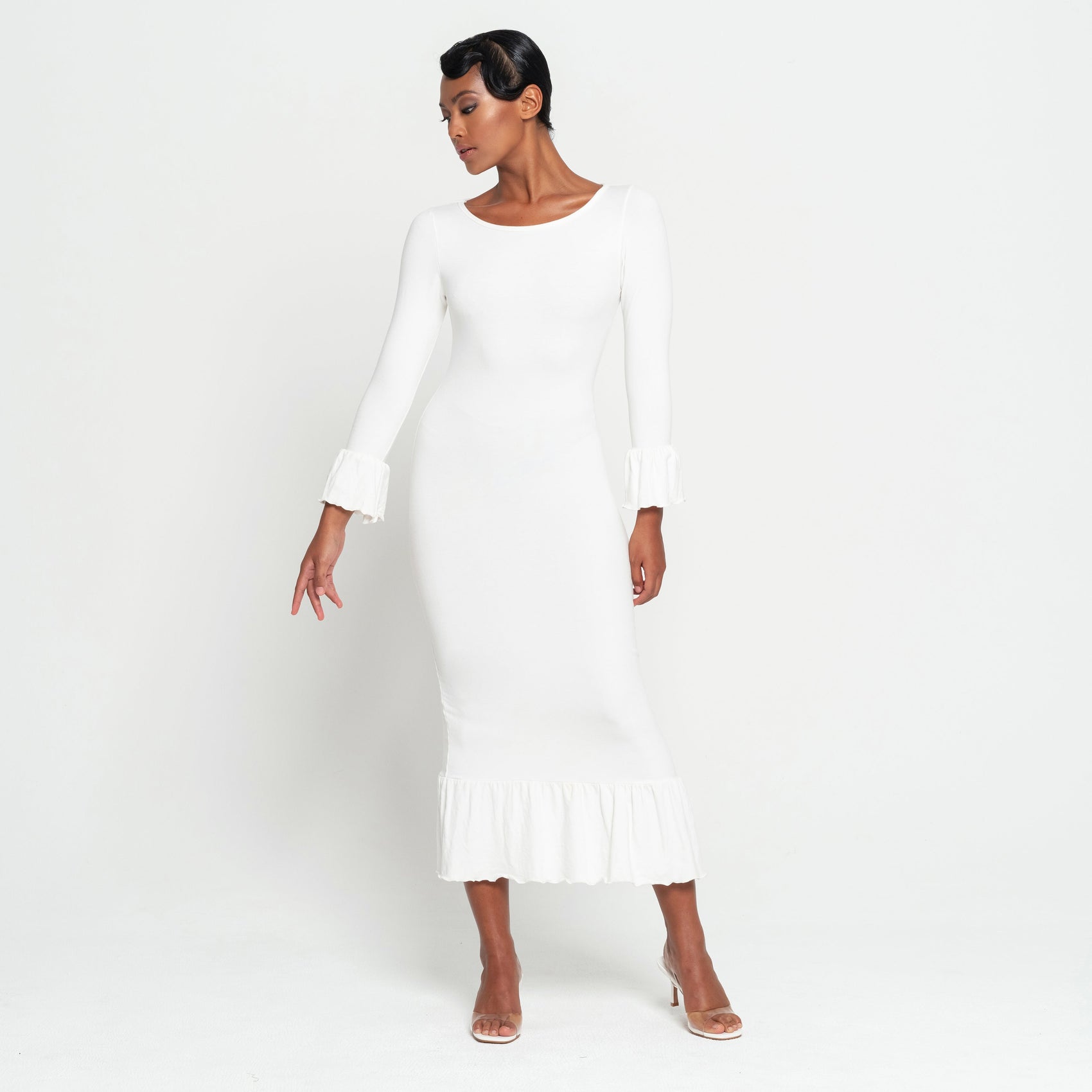 MARJORIE Bamboo Ruffle Dress In Off-white - RoshelLuxe.com
