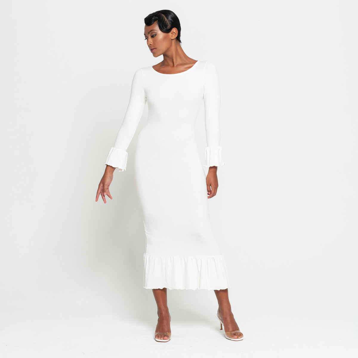 MARJORIE Bamboo Ruffle Dress In Off-white - RoshelLuxe.com