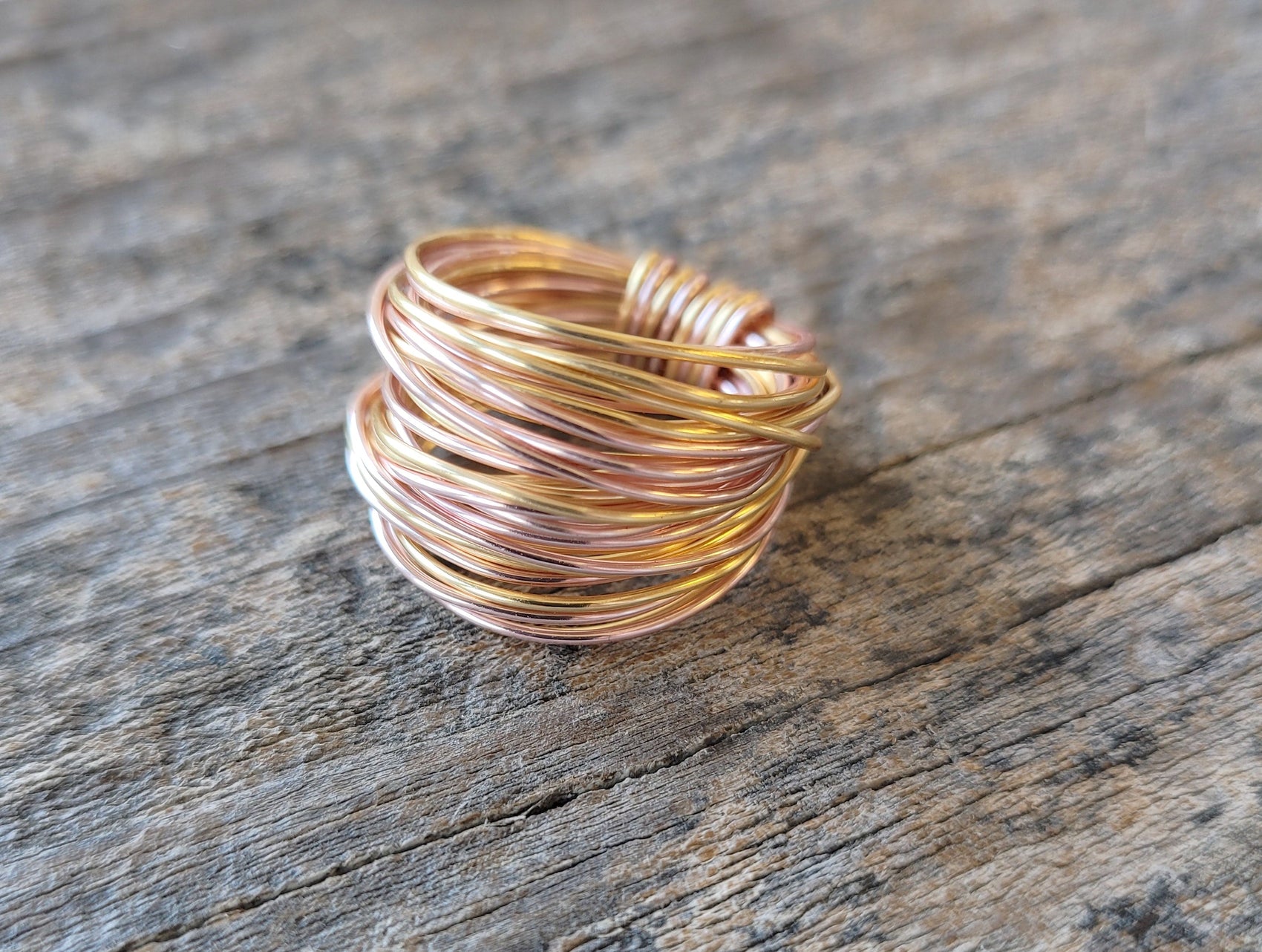 Rose gold wire wrap crystal ring with gold accents for women - RoshelLuxe.com