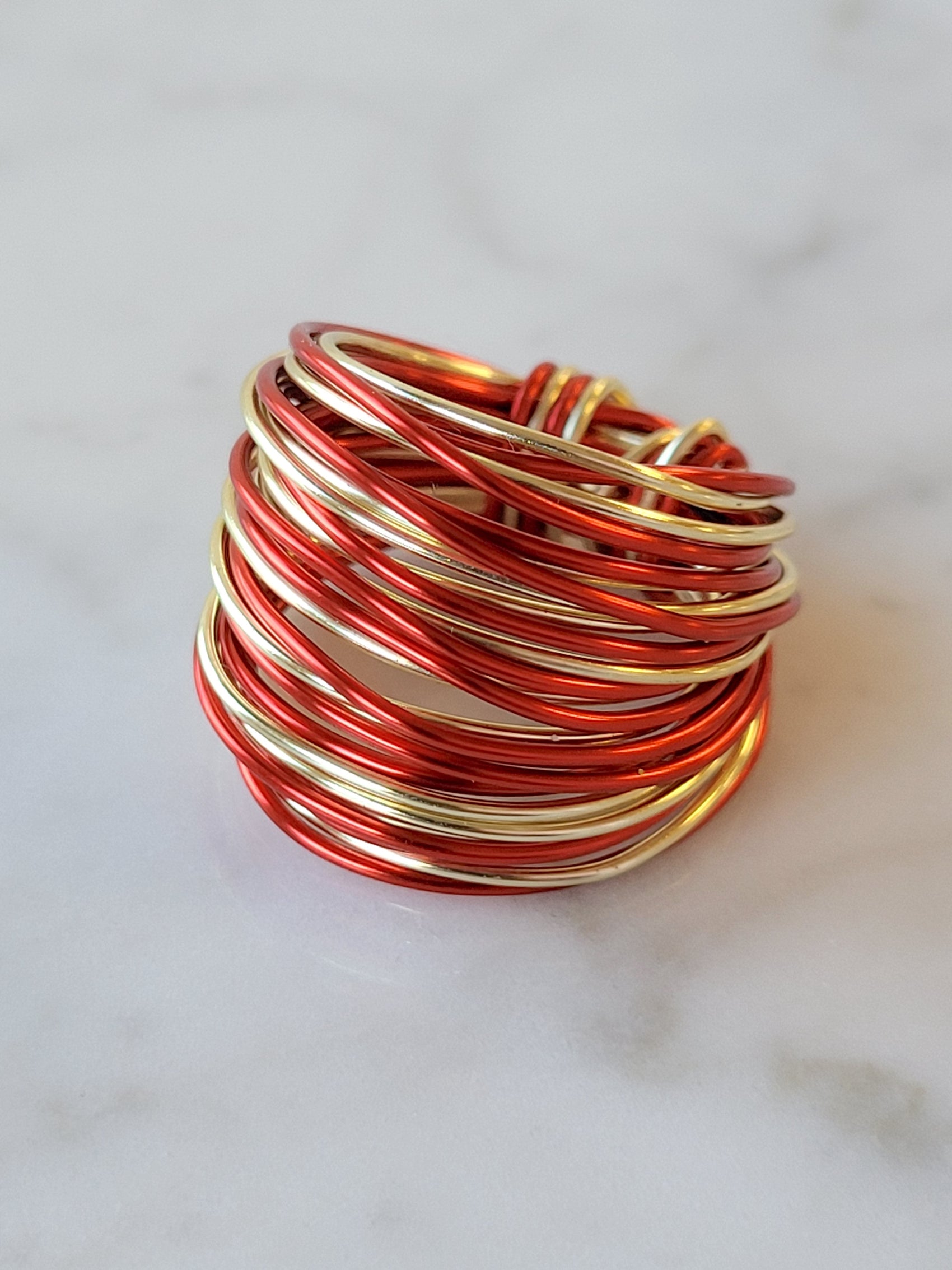 Red and gold crystal wire wrap ring handmade jewelry for women - RoshelLuxe.com