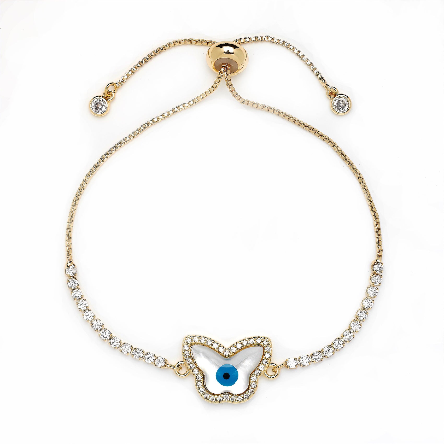 RoshelLuxe Lux Mother of Pearl Butterfly Bracelet with 18k gold plated chain and iridescent shell charms.
