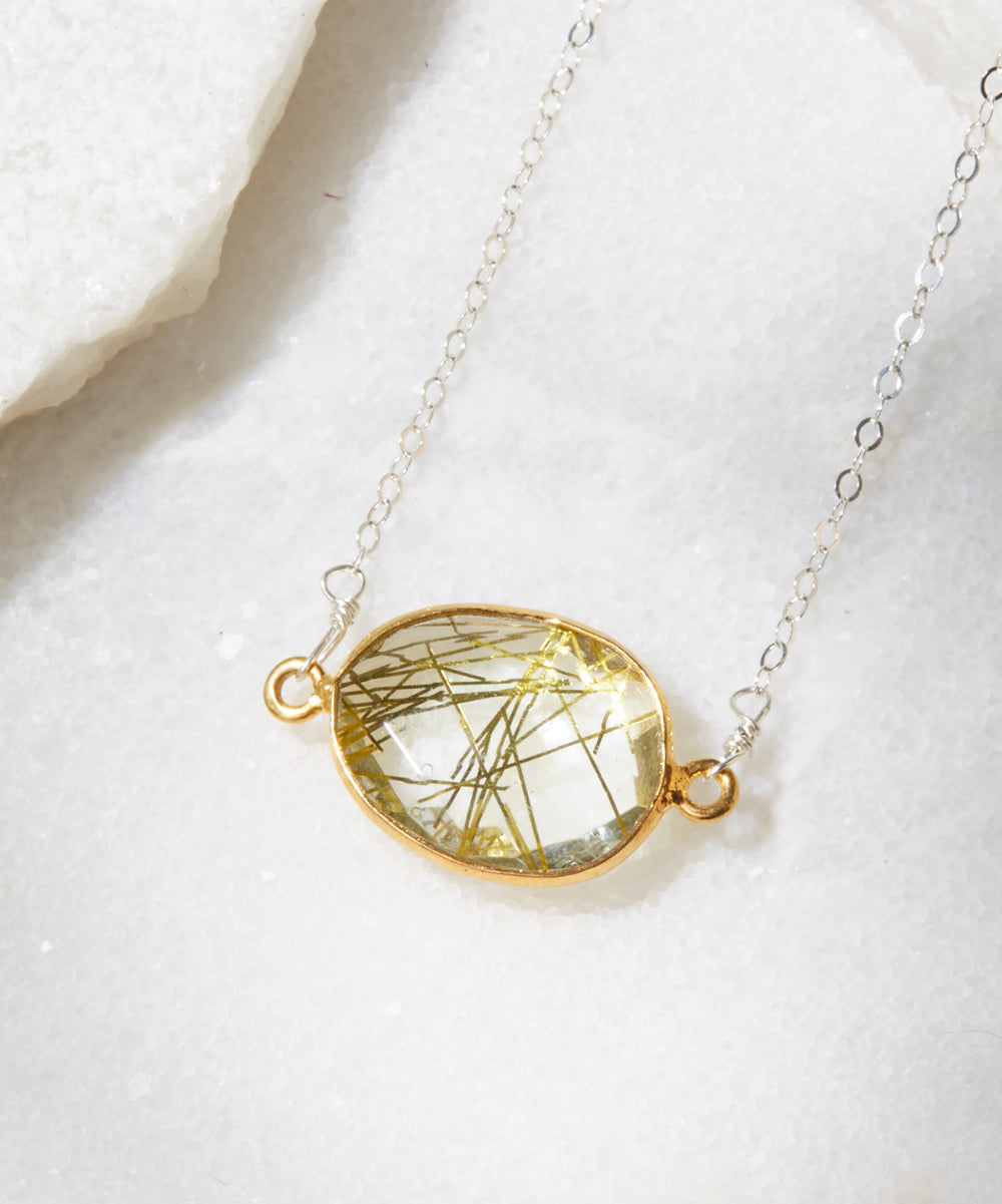 Gold rutilated quartz necklace handmade jewelry for women- RoshelLuxe.com