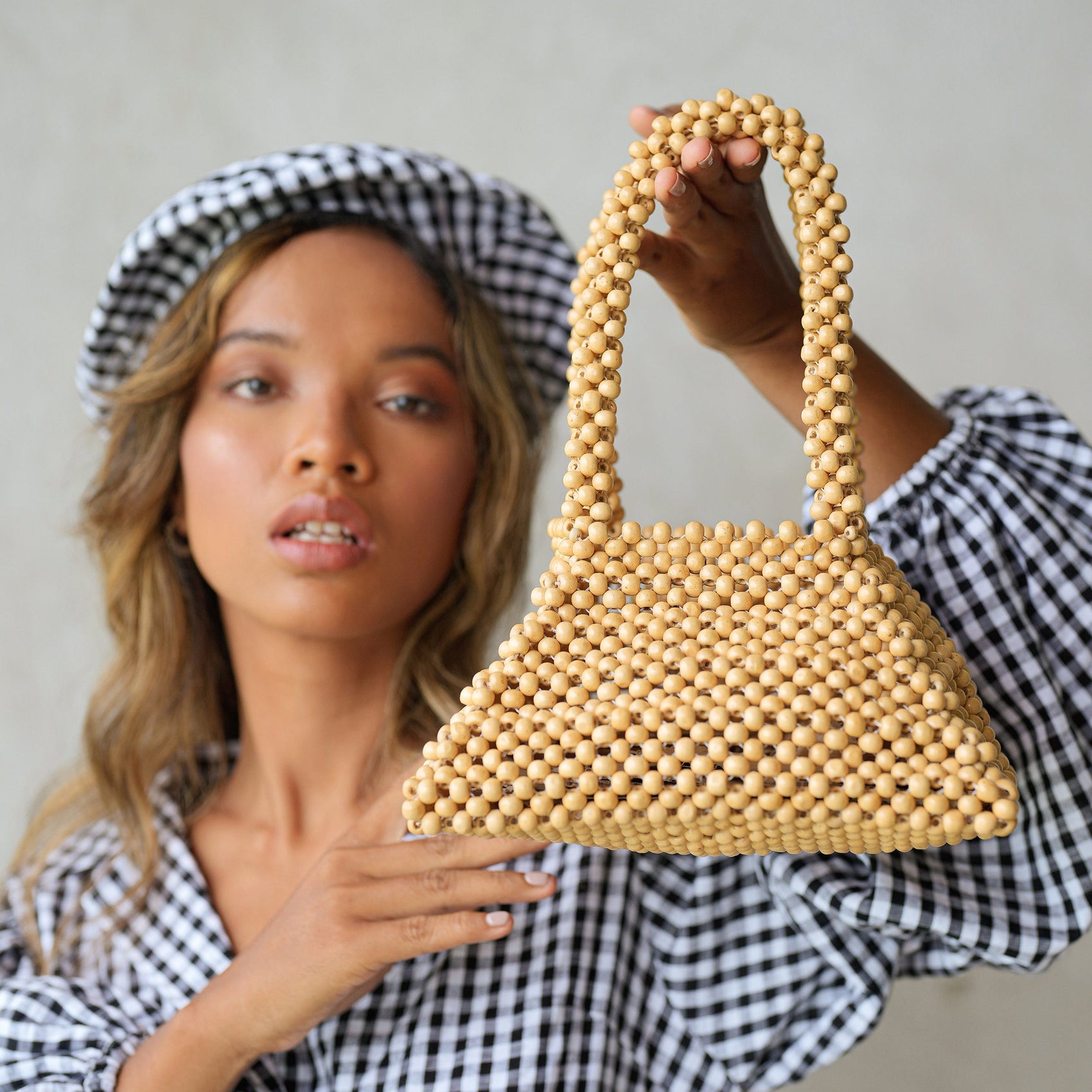 Pyramid Beaded Tote Bag in Toasted Beige - RoshelLuxe.com