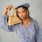 Pyramid Beaded Tote Bag in Toasted Beige - RoshelLuxe.com