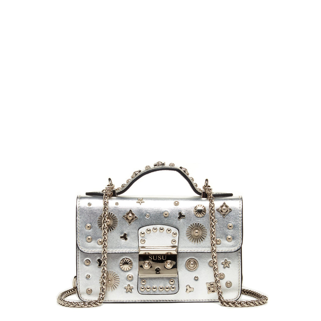 Small Leather Crossbody Bag Studded Silver Purse