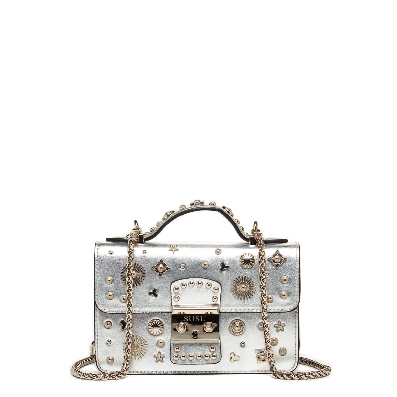 Small Leather Crossbody Bag Studded Silver Purse - RoshelLuxe.com