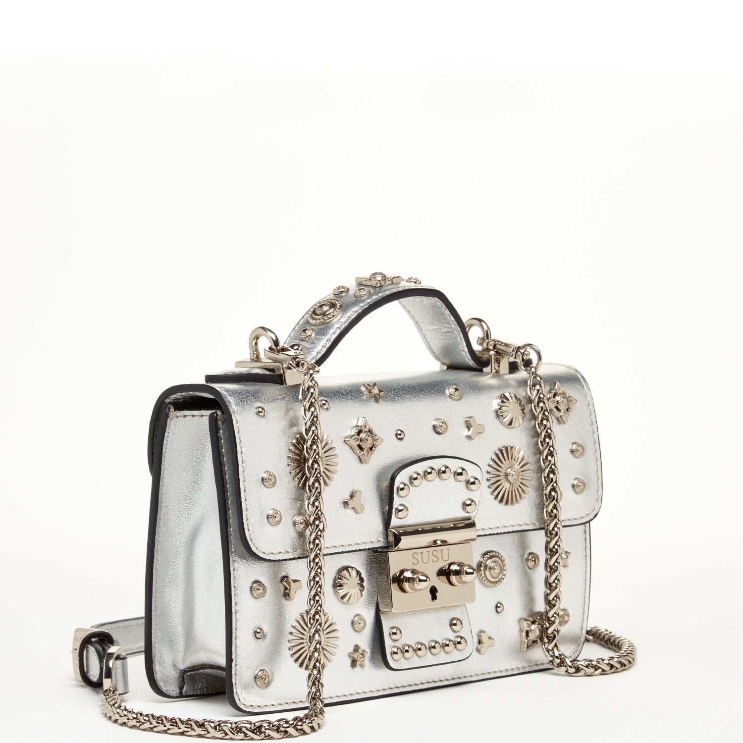 Small Leather Crossbody Bag Studded Silver Purse - RoshelLuxe.com