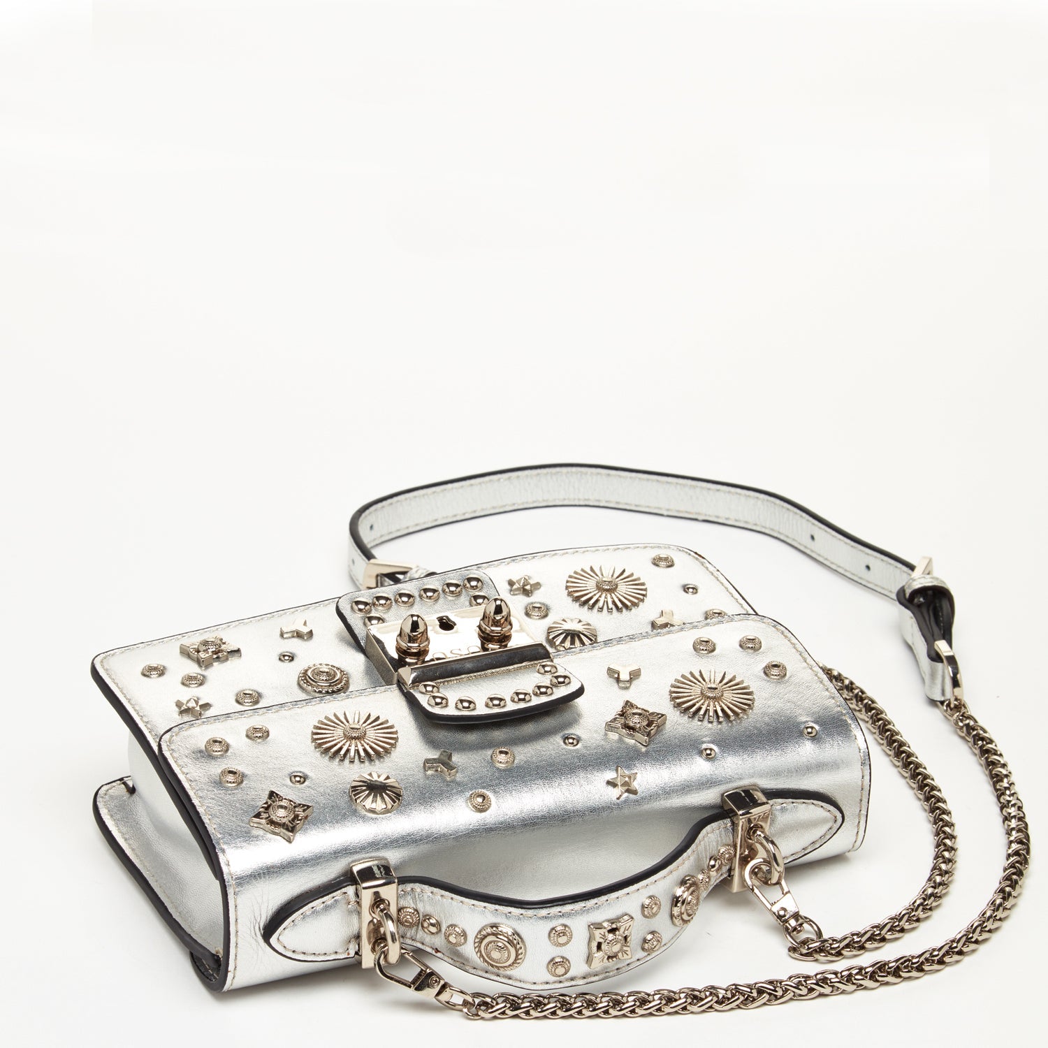 Small Leather Crossbody Bag Studded Silver Purse - RoshelLuxe.com