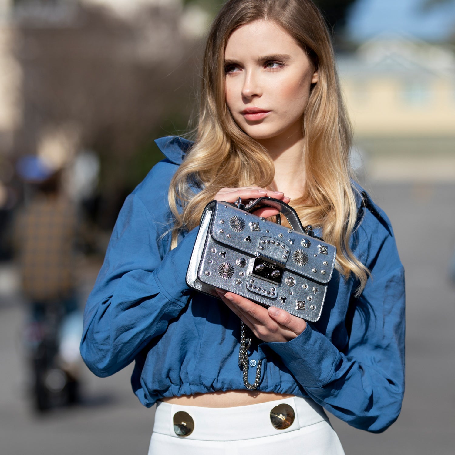 Small Leather Crossbody Bag Studded Silver Purse - RoshelLuxe.com