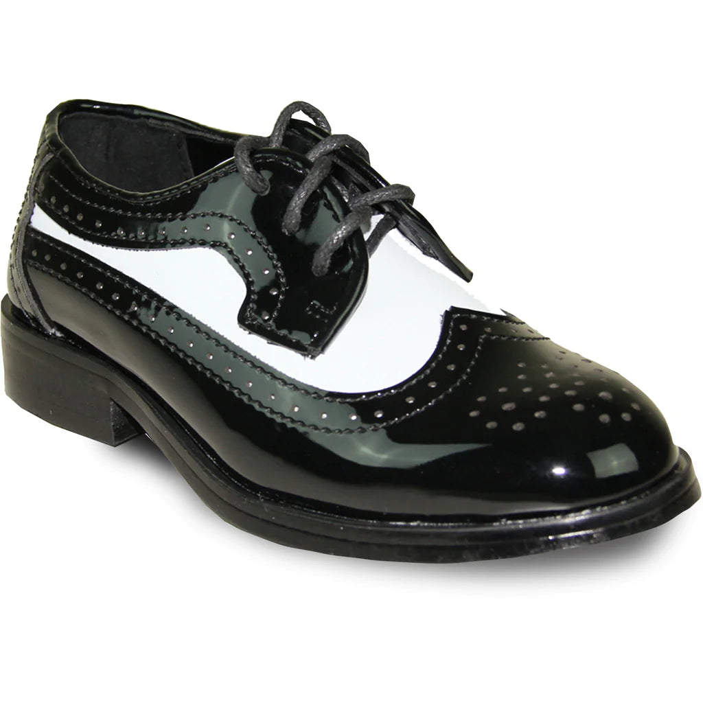 VANGELO Boy Dress Shoe TAB-3KID Oxford Formal Tuxedo for Prom & Wedding Black/White Patent Two Tone - RoshelLuxe.com